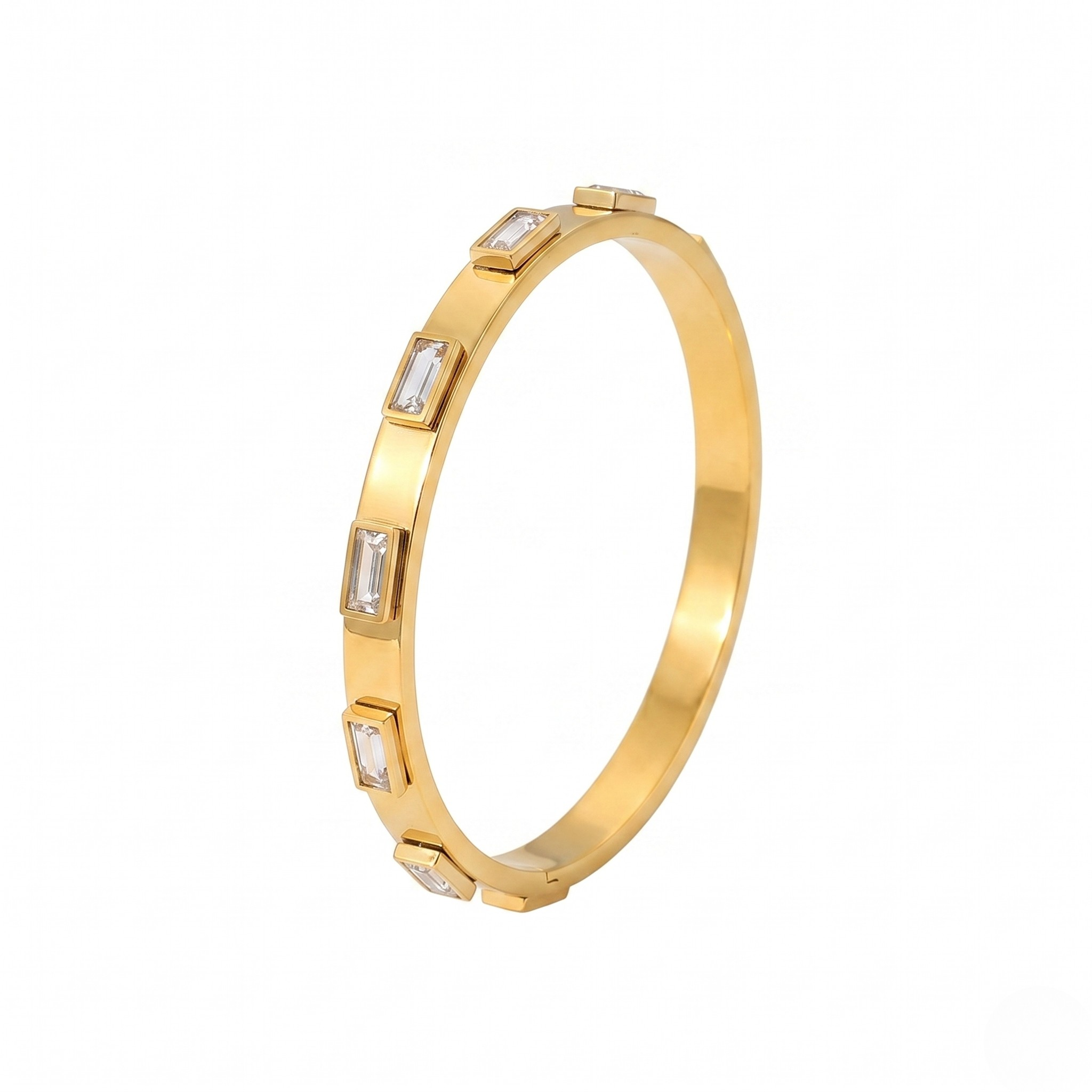 Gold bangle set with rectangular clear gemstones in an elegant design