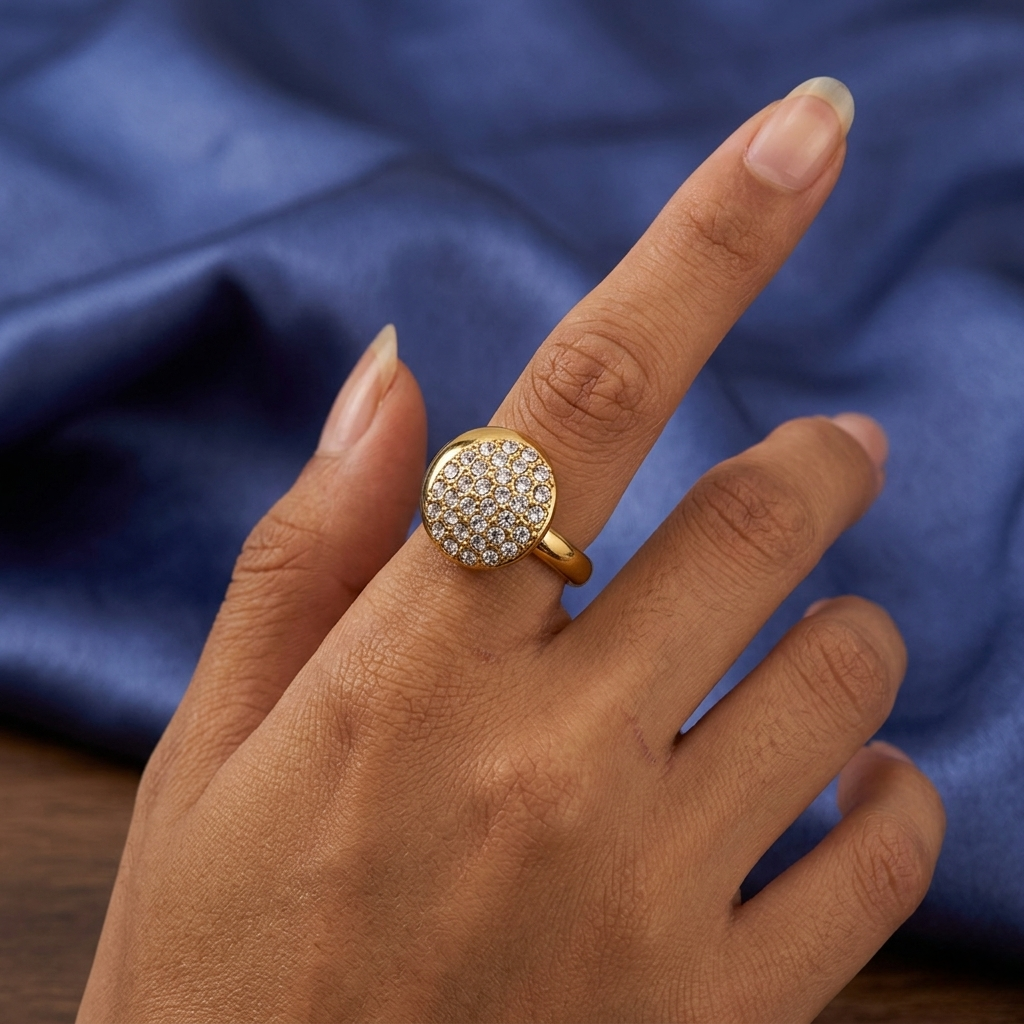 Gold dome ring with sparkling stones on a woman's hand against a blue fabric background