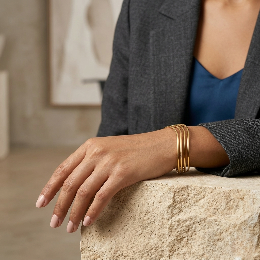Gold layered hollow bangle on woman's wrist wearing gray blazer and blue top, resting on stone surface.