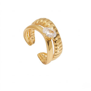 Gold Mira Twist Ring with ribbed design and oval crystal setting, open band style.