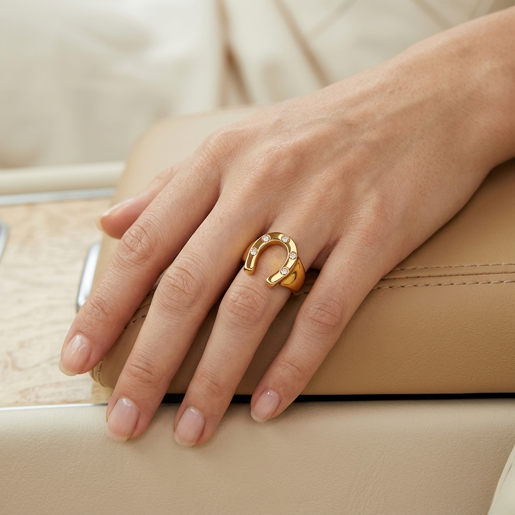 Gold horseshoe ring with diamond accents worn on a hand resting on beige leather car interior.