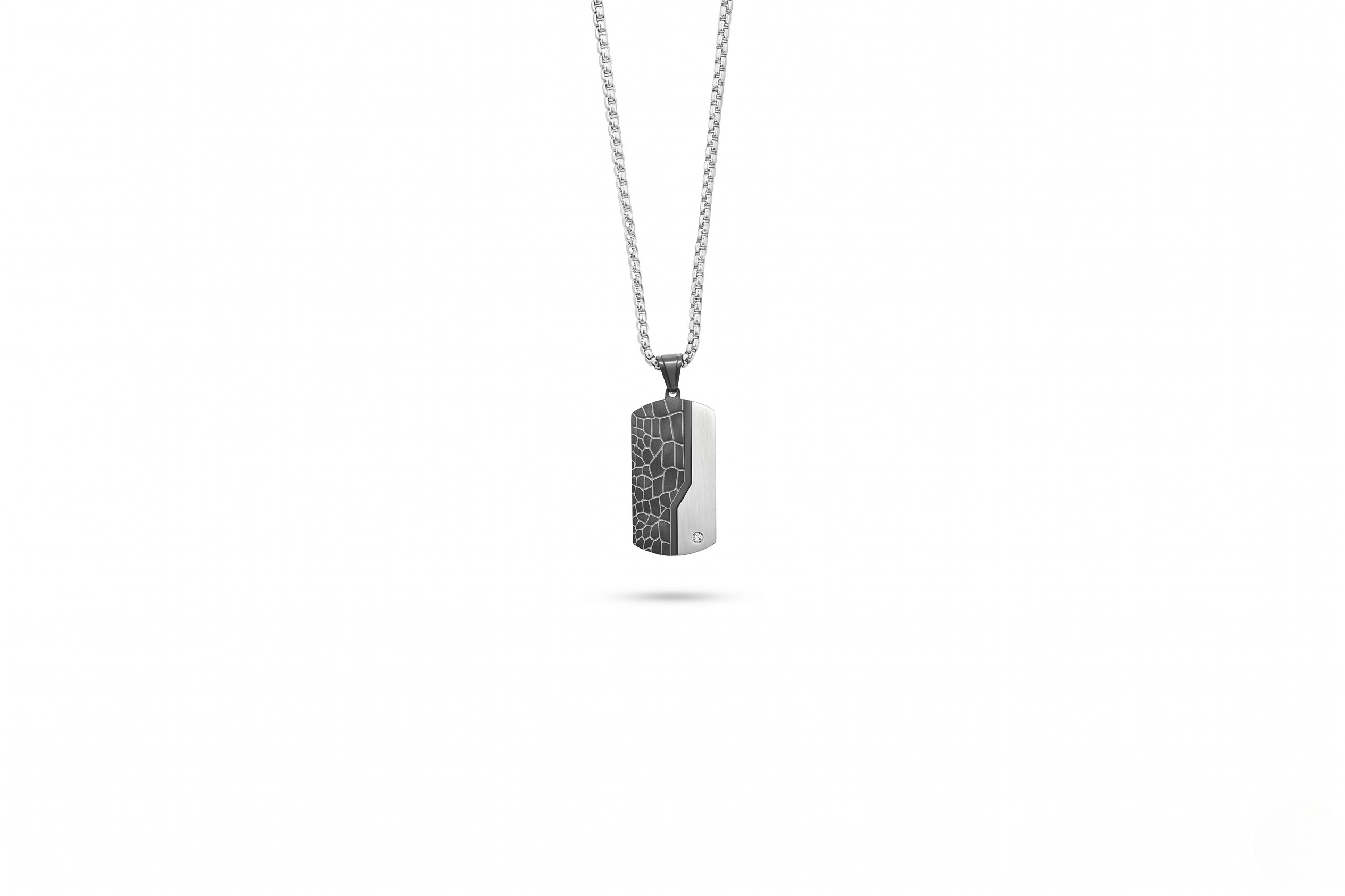 Silver necklace with a rectangular pendant on a white background-J.Collins Jewelry