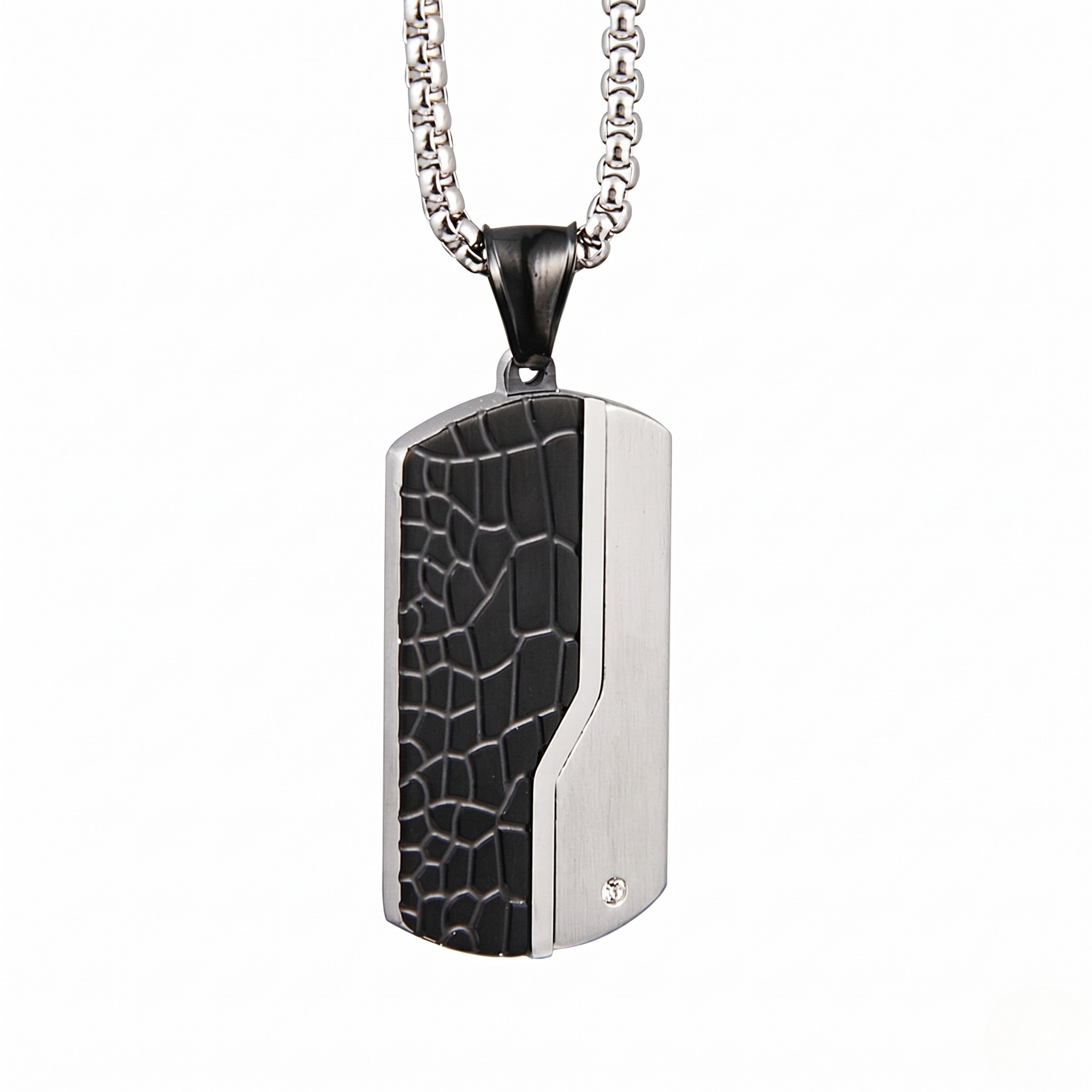 Silver pendant with black textured design on a white background - Apex Tag (Black) - J. Collins Jewelry 
