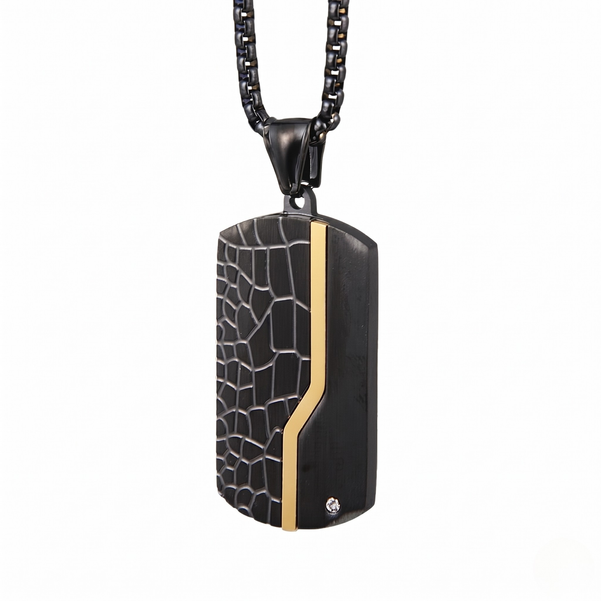 Black crocodile-patterned pendant with gold accent on a white background - Apex Tag (Black Gold) - J. Collins Jewelry 