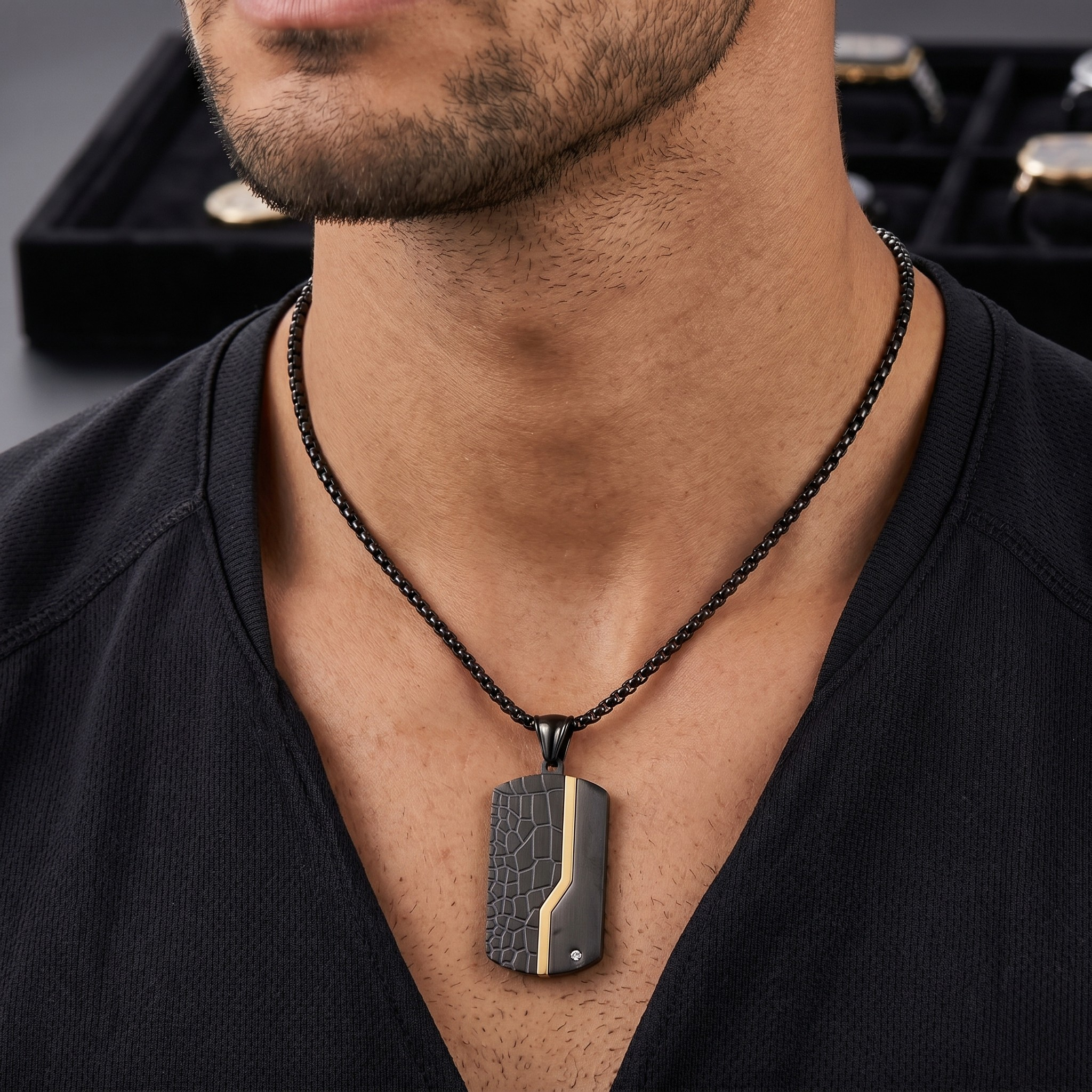 Man wearing a black chain necklace with a Black crocodile-patterned pendant with gold accent - Apex Tag Black Gold - J. Collins Jewelry 