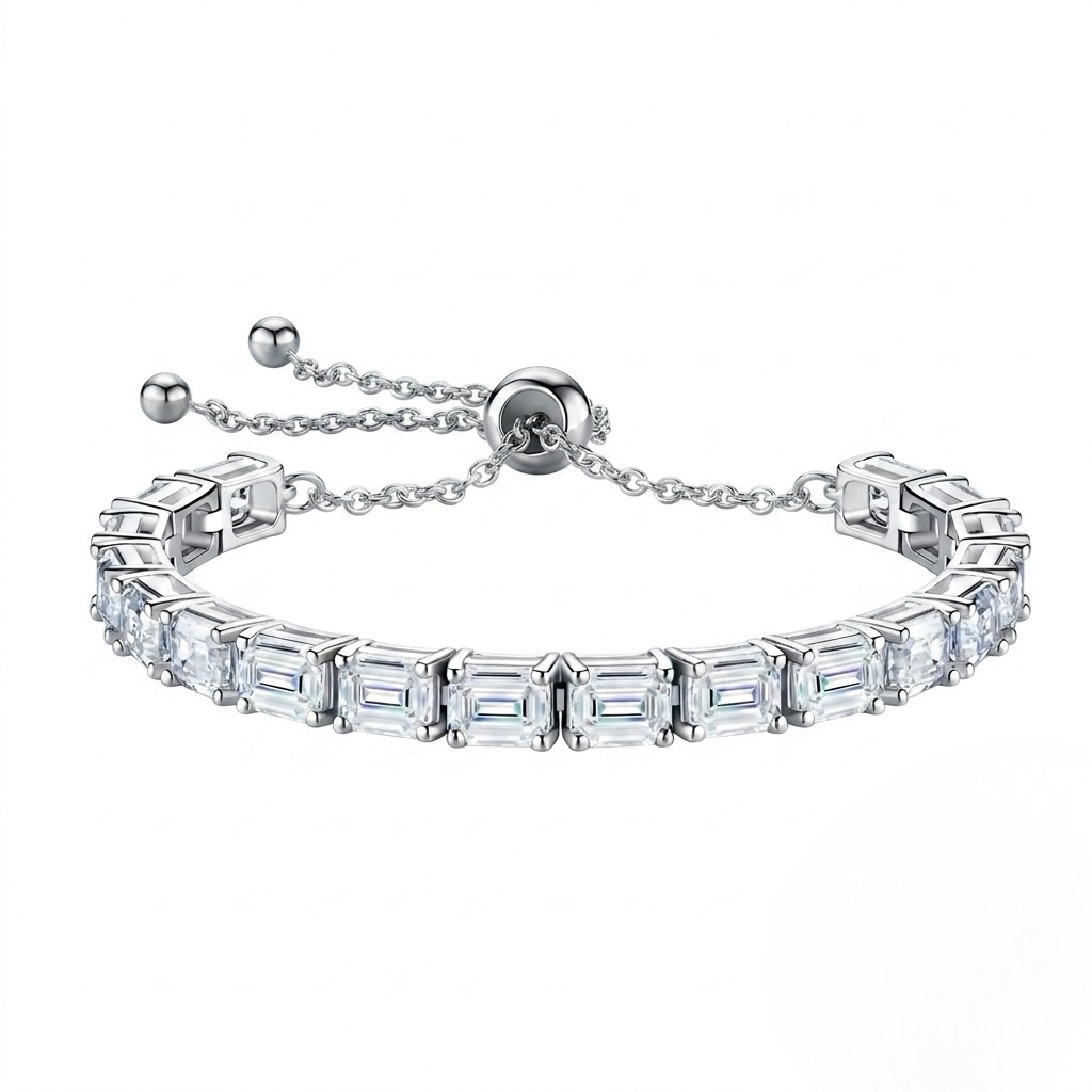  Baguette Cut Tennis Bracelet with Adjustable Pull Chain - Luxury Wrist Bracelet Gift for Her-on White Background by J.Collins
