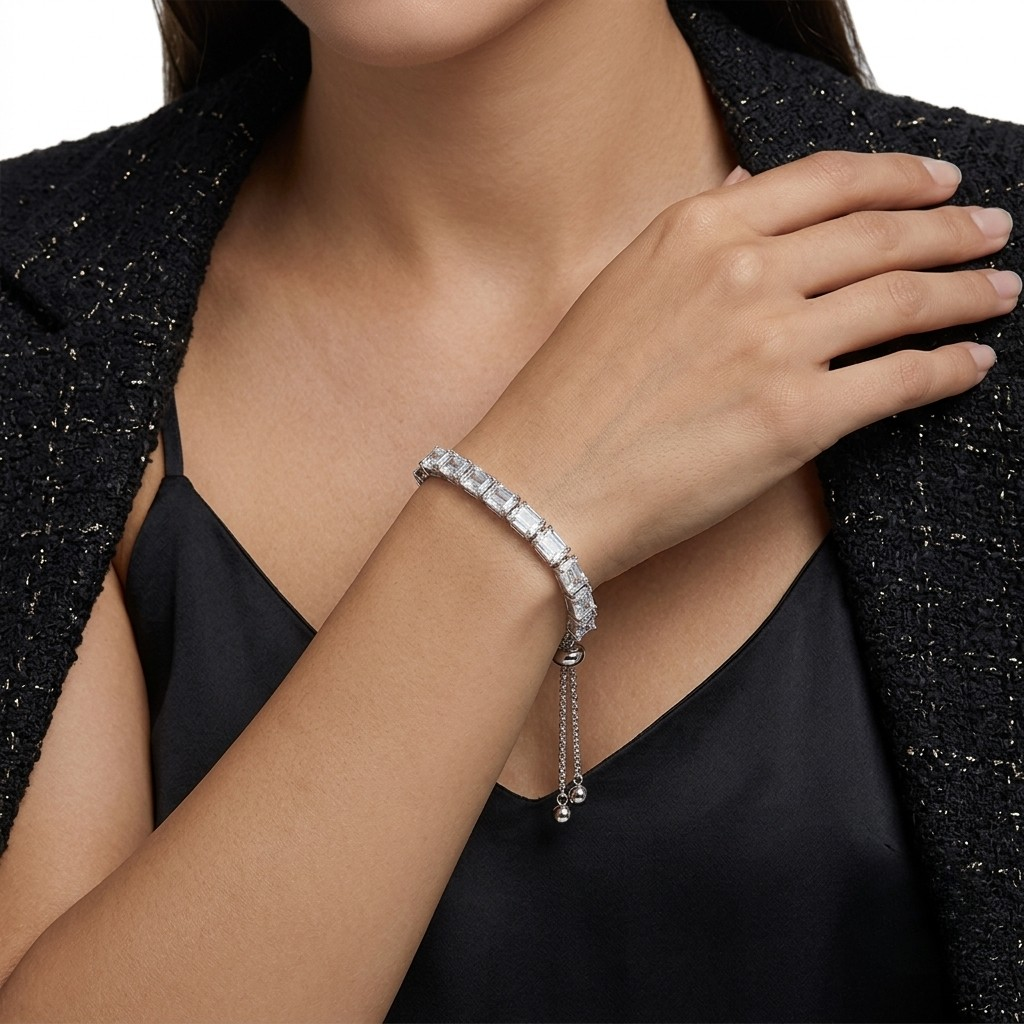Elegant Sterling Silver Tennis Bracelet with Baguette Stones and Dangle Tassel Worn on Wrist - Bridal Party Jewelry for Women-J.Collins Jewelry 