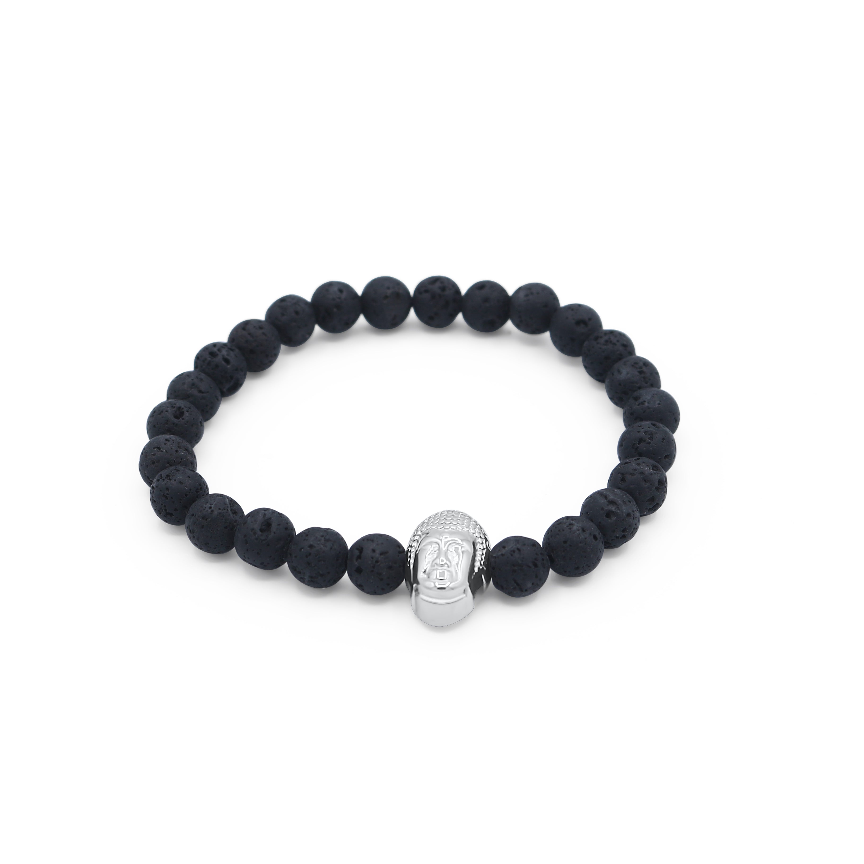 Black beaded bracelet with a silver Buddha charm on a white background-J.Collins Jewelry 