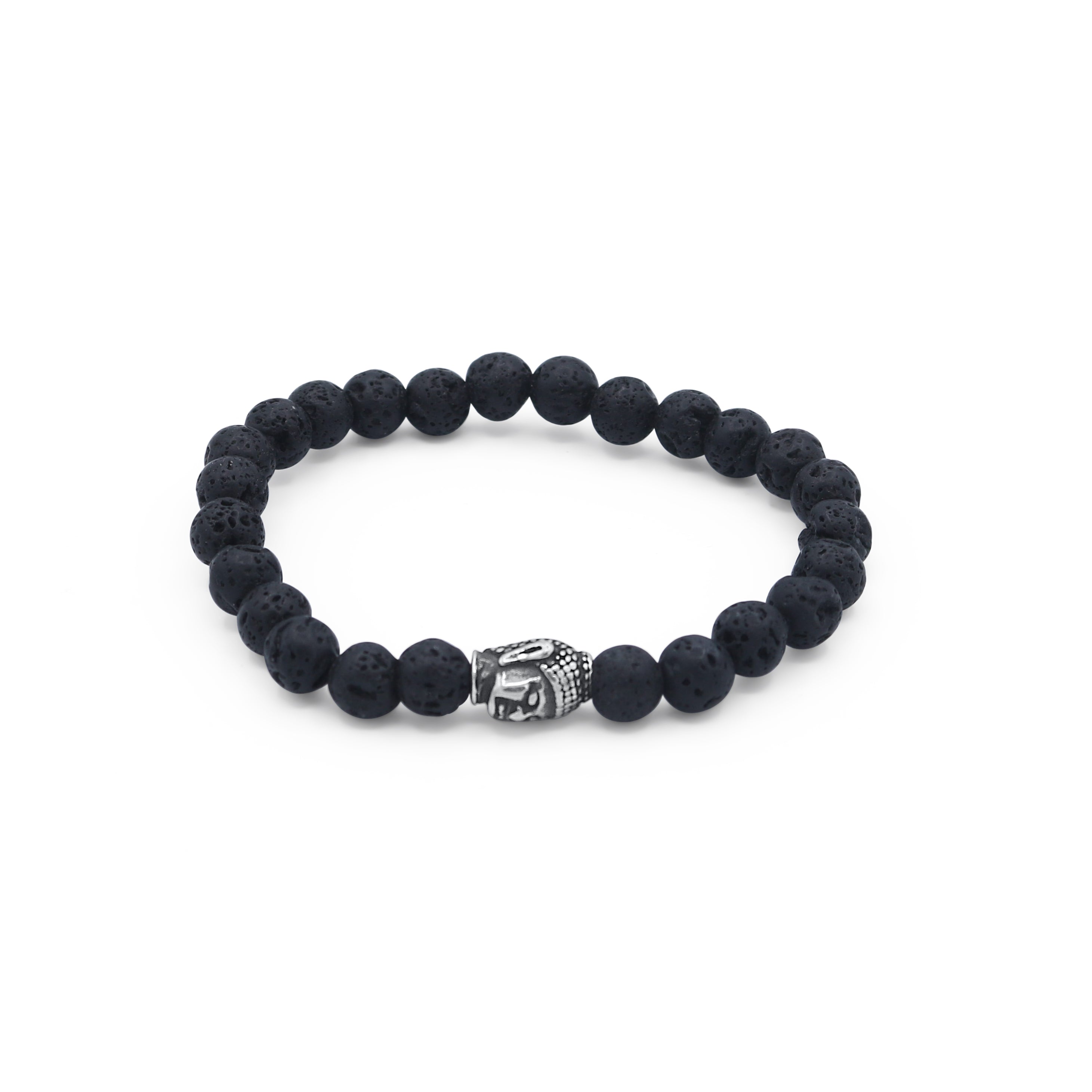 Black beaded bracelet with a silver Buddha charm on a white background-J.Collins Jewelry
