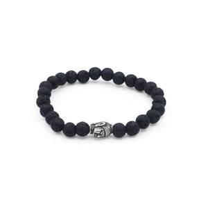 Black beaded bracelet with a silver Buddha charm on a white background-J.Collins Jewelry