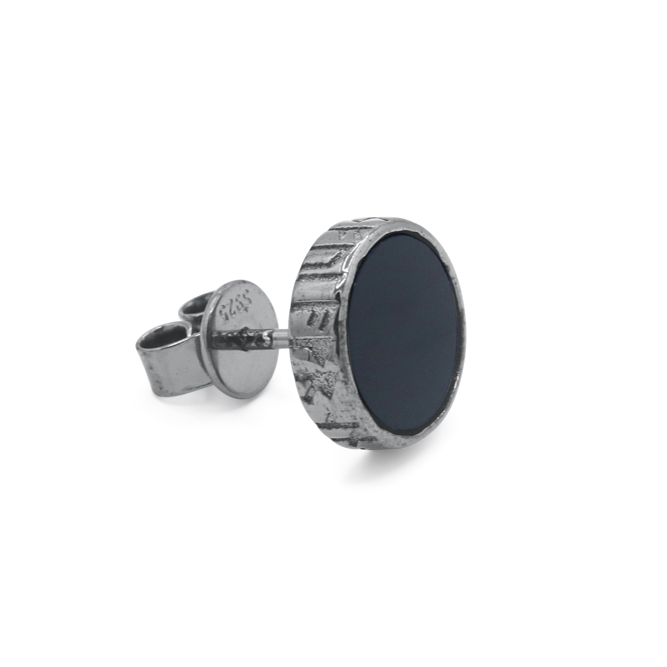 Round silver earring with black stone on a white background - Black_Onyx_Stud_Earrings - J. Collins Jewelry 