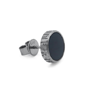 Round silver earring with black stone on a white background - Black_Onyx_Stud_Earrings - J. Collins Jewelry 