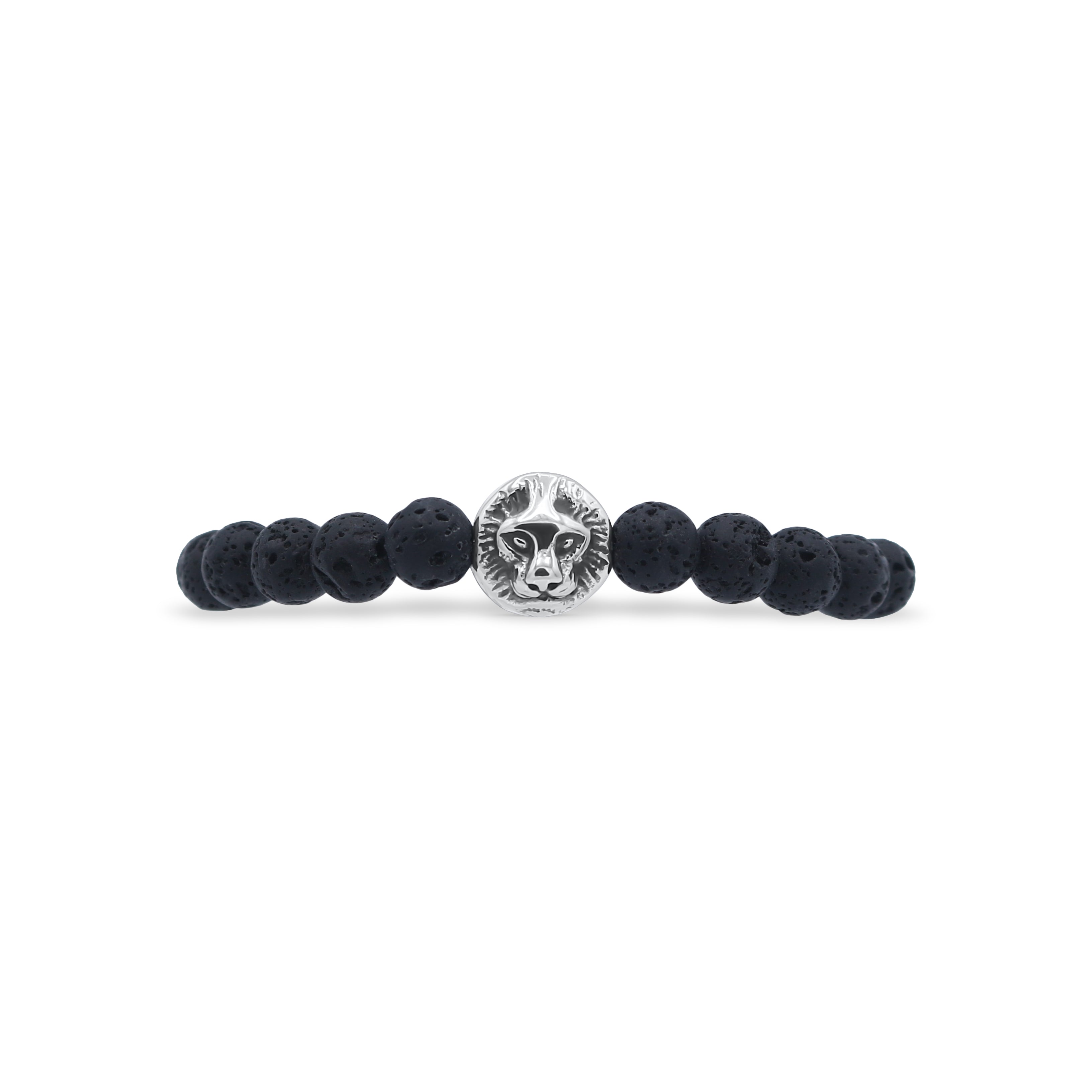 Black beaded bracelet with a lion head charm on a white background-J.Collins Jewelry