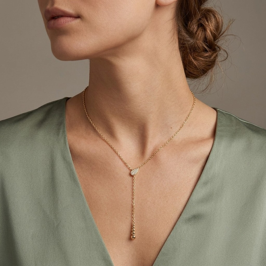 A close-up of a model wearing a delicate gold Y-necklace with a small white stone and a dangling beaded chain, paired with a sage green satin top. - J.Collins Jewelry