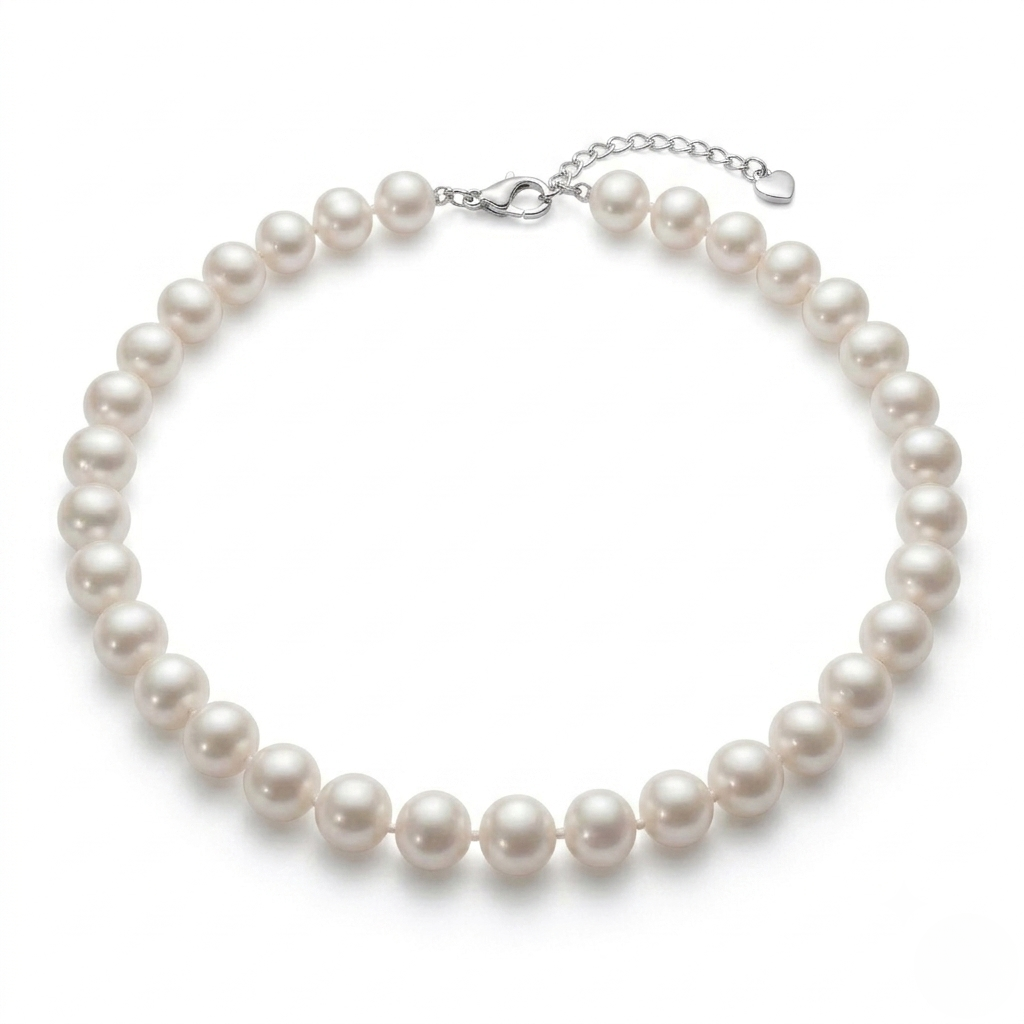 White Freshwater Pearl Choker Necklace with Silver Lobster Clasp and Extender Chain on white background - Classic Pearl Necklace- J. Collins Jewelry 