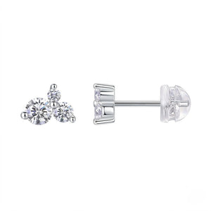 Pair of silver three-stone cluster diamond stud earrings with secure backs, isolated on a white background | J.Collins Jewelry