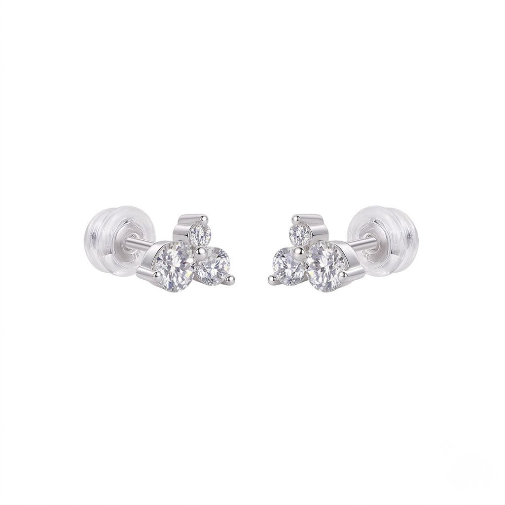 Front and side profile view of a three-stone diamond cluster stud earring in white gold or sterling silver | J.Collins Jewelry