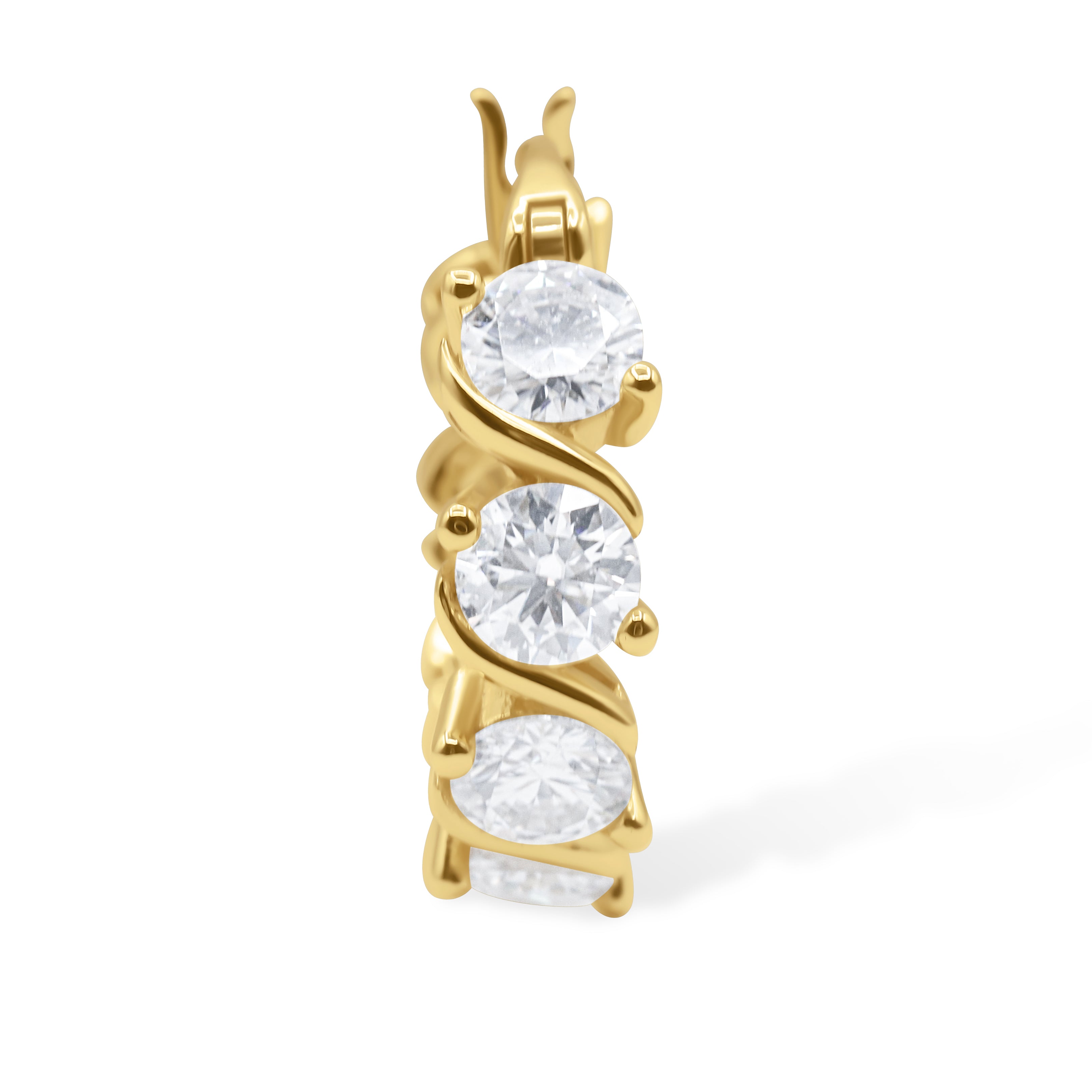 Crystal Hoop Gold earring with three clear gemstones on a white background- J.Collins Jewelry