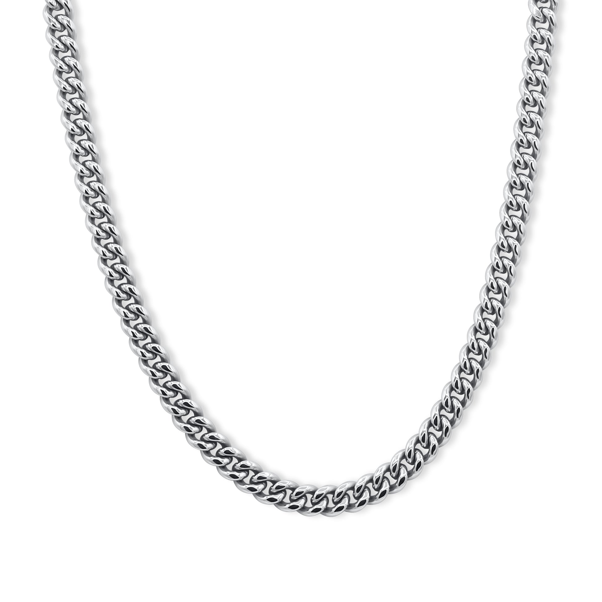 Silver chain necklace on a white background-Iconic-Cuban-Chain-JCollins-Jewelry