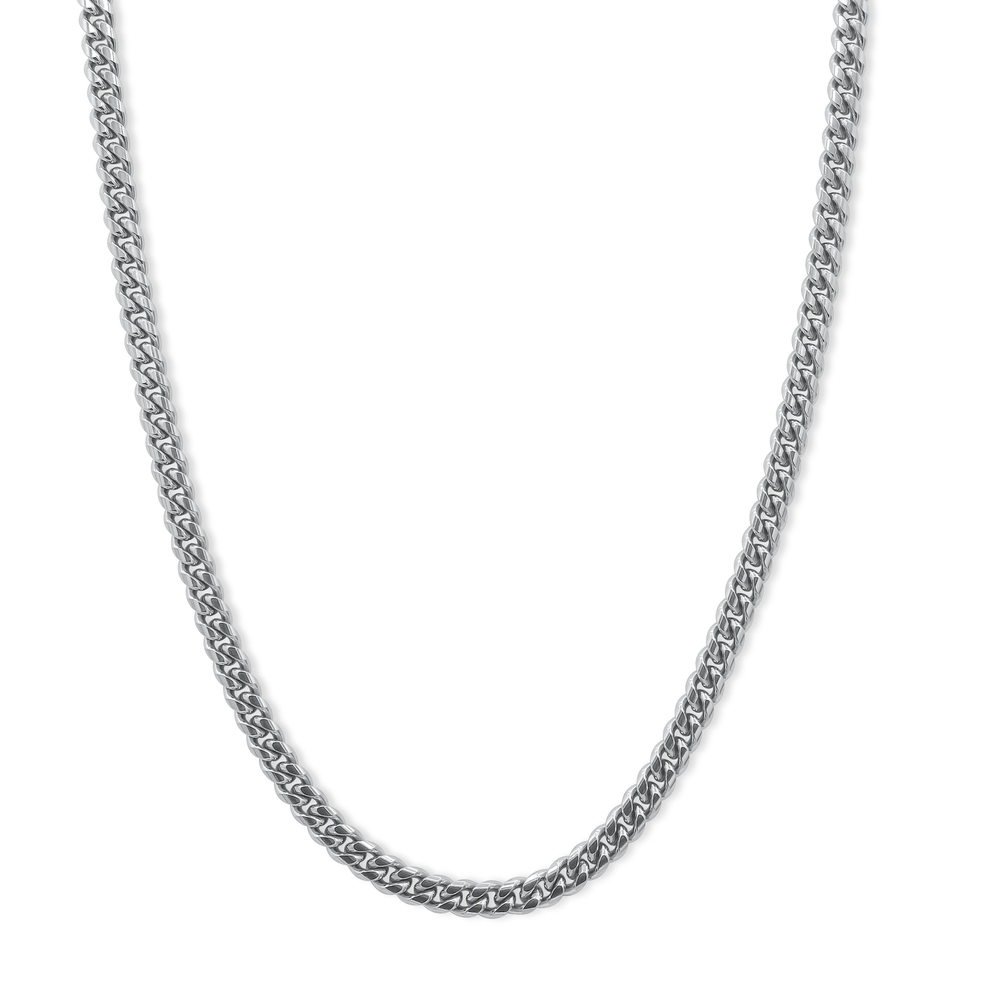 Silver chain necklace on a white background-Iconic-Cuban-Chain-JCollins-Jewelry