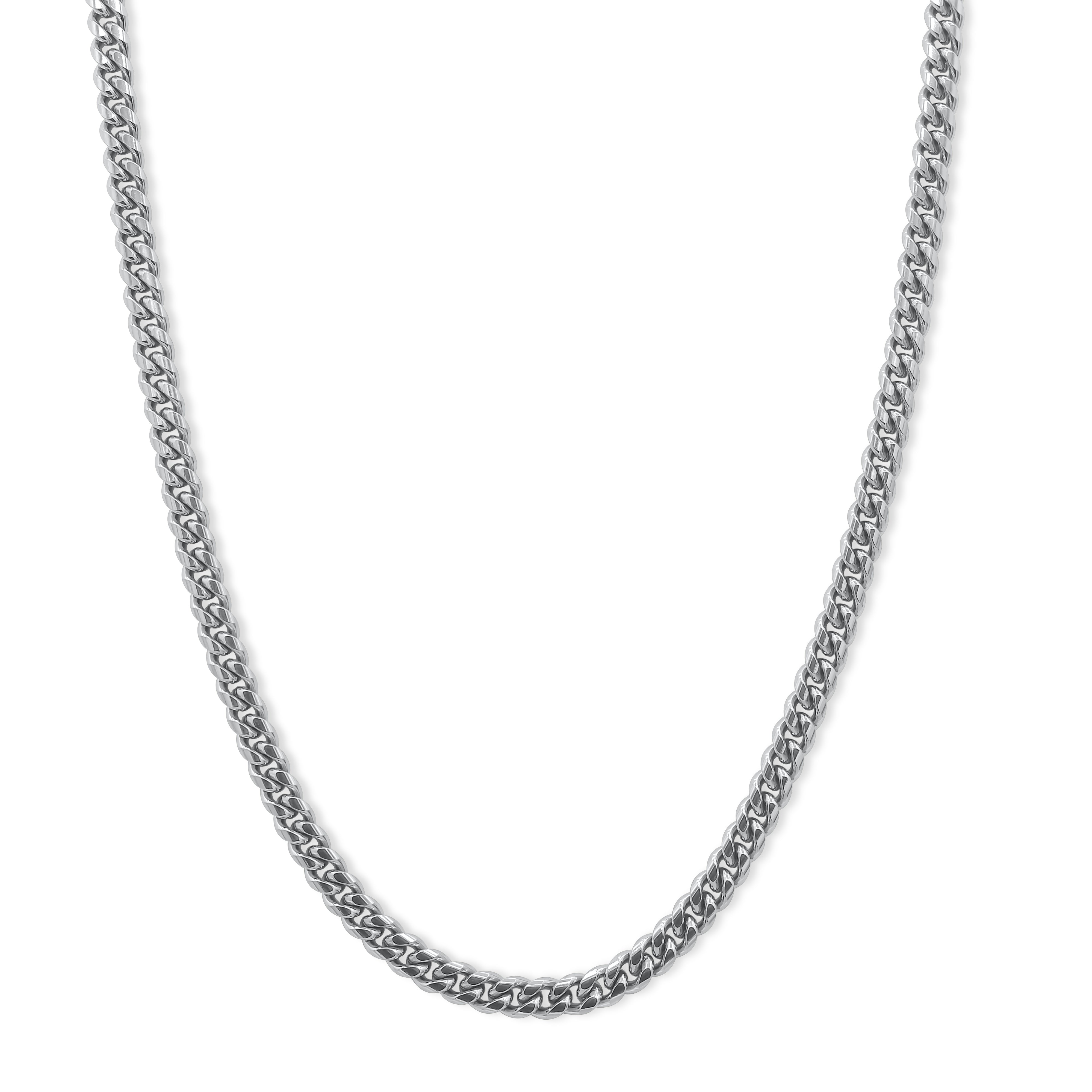 Silver chain necklace on a white background-Iconic-Cuban-Chain-JCollins-Jewelry