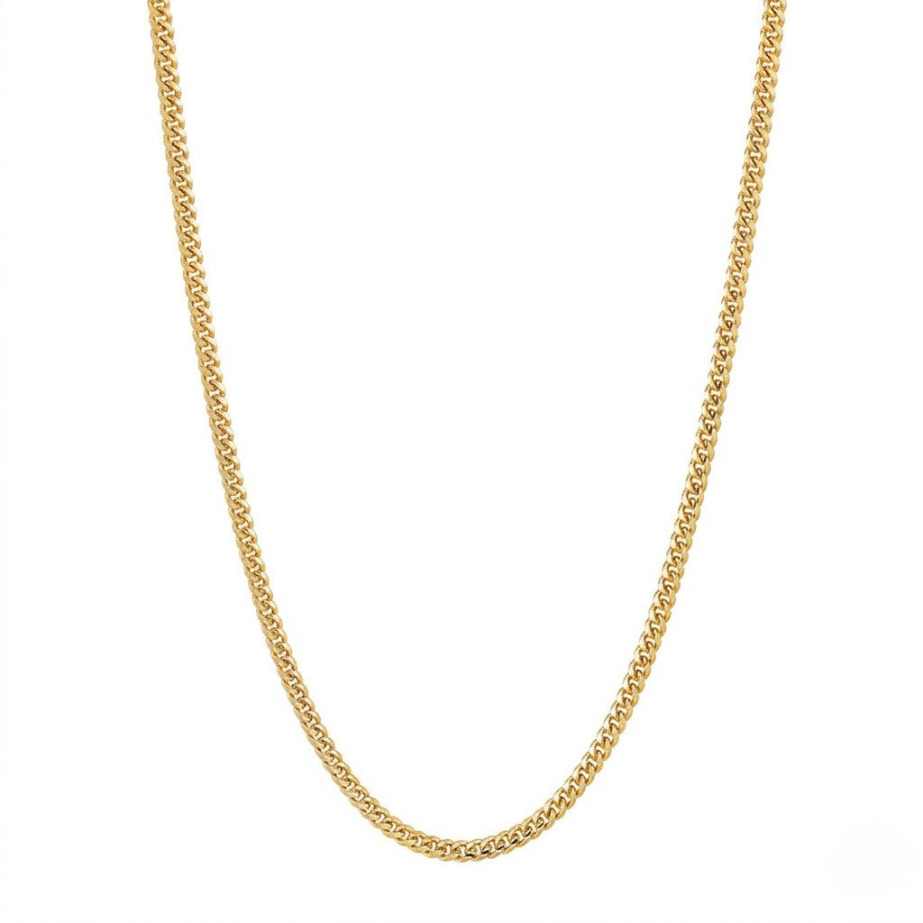 A gold-toned curb chain necklace displayed in a U-shape against a plain white background - J.Collins Jewelry