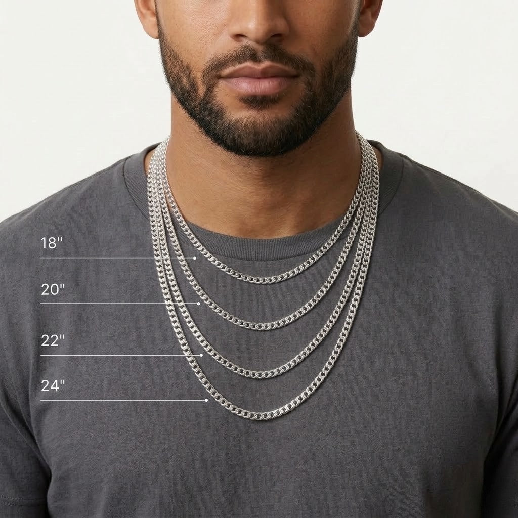 A close-up of a man wearing layered silver chain necklaces over a dark gray button-up shirt, with size labels 18", 20", 22", and 24" overlaid on the left side - J.Collins Jewelry
