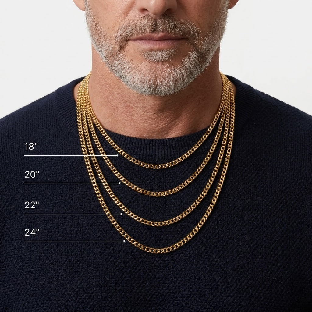 A close-up of a man wearing four layered gold chain necklaces at different lengths, with size labels 18", 20", 22", and 24" overlaid on the left side - J.Collins Jewery