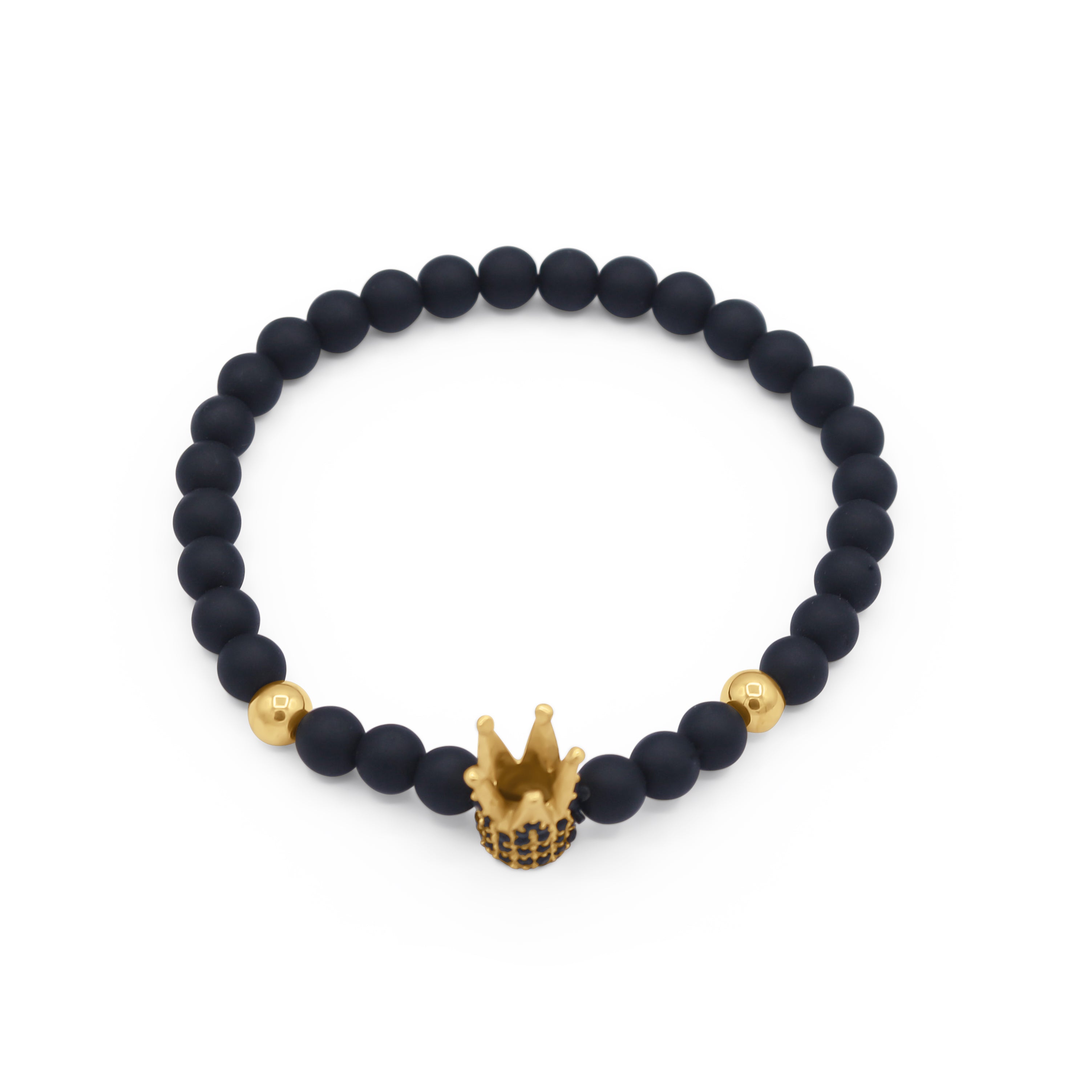 Black beaded bracelet with gold crown charm on a white background-J.Collins Jewelry