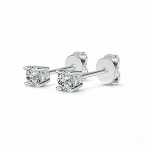 White gold round diamond solitaire stud earrings with four-prong basket setting and butterfly push backs, white background - Diamond Earrings Basket 0.144ct - J. Collins Jewelry 