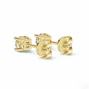 14k yellow gold round diamond solitaire stud earrings with four-prong basket setting and butterfly push backs, white background - Diamond Earrings Basket 0.283ct - J. Collins Jewelry 