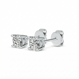 White gold round diamond solitaire stud earrings with four-prong basket setting and butterfly push backs, white background - Diamond Earrings Basket 0.283ct - J. Collins Jewelry 