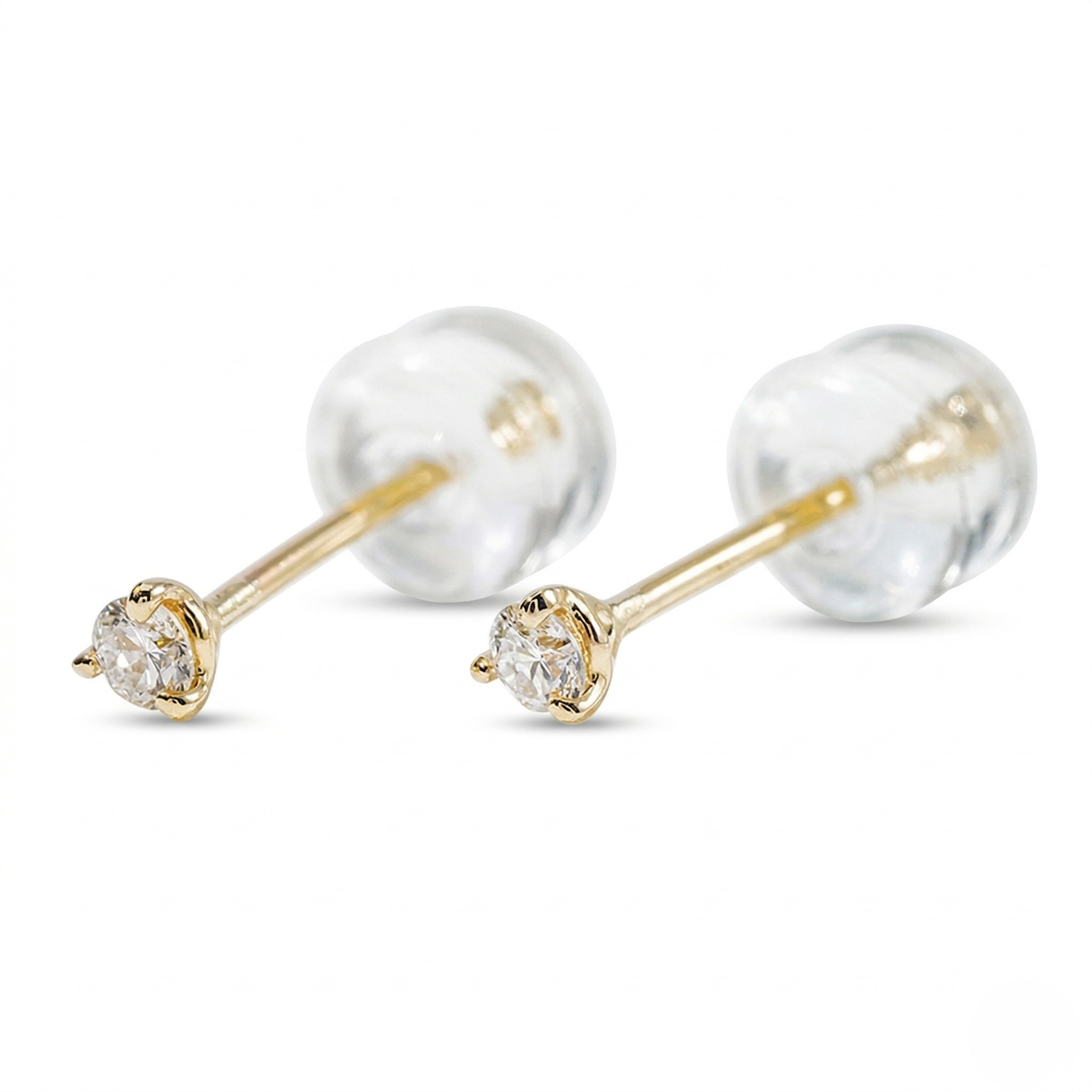14k gold round diamond solitaire stud earrings with three-prong martini setting and silicone backings, white background - Diamond Earrings Martini 0.5oct - J. Collins Jewelry 