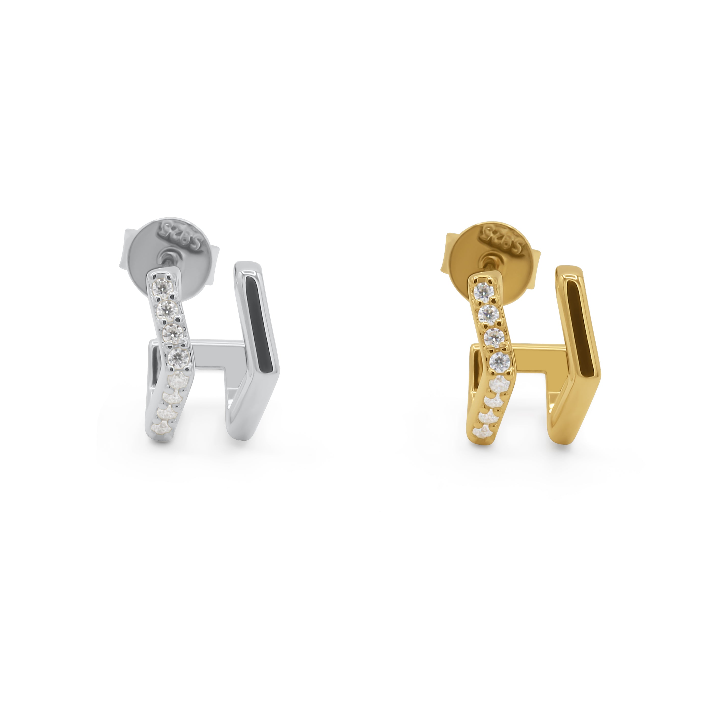 Diamond Huggie Earrings gold & white gold on a white background- J.Collins Jewelry