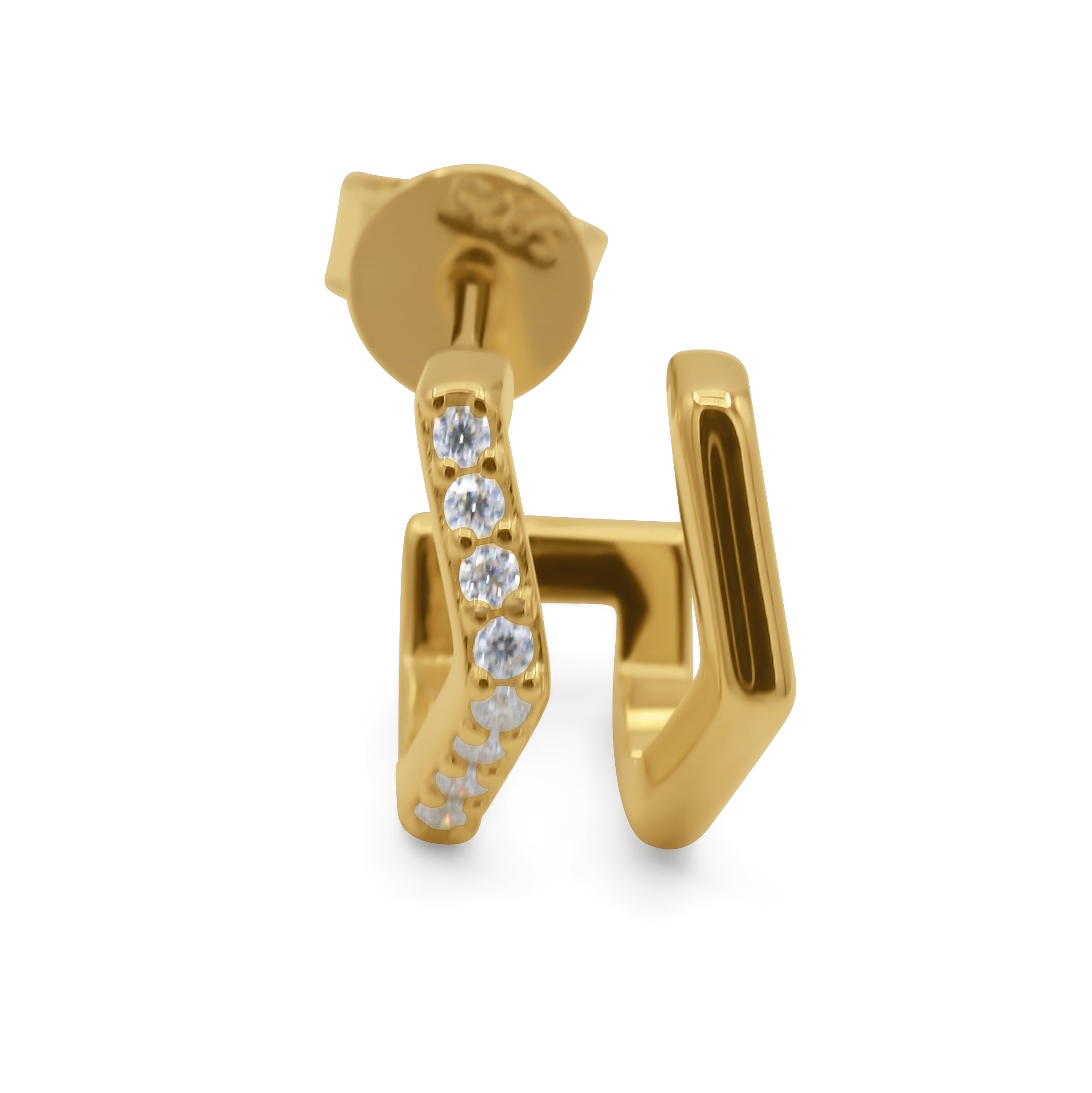 Diamond Huggie Earrings Gold earrings with diamond accents on a white background- J.Collins Jewelry