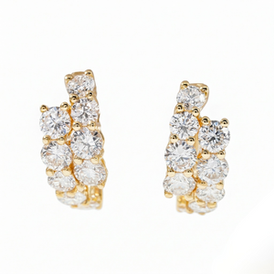 Gold Double Row Round Diamond Cluster Huggie Hoop Earrings on White Background - Double Row Diamond Cluster Huggie Earrings — Gold - J Collins Jewelry 