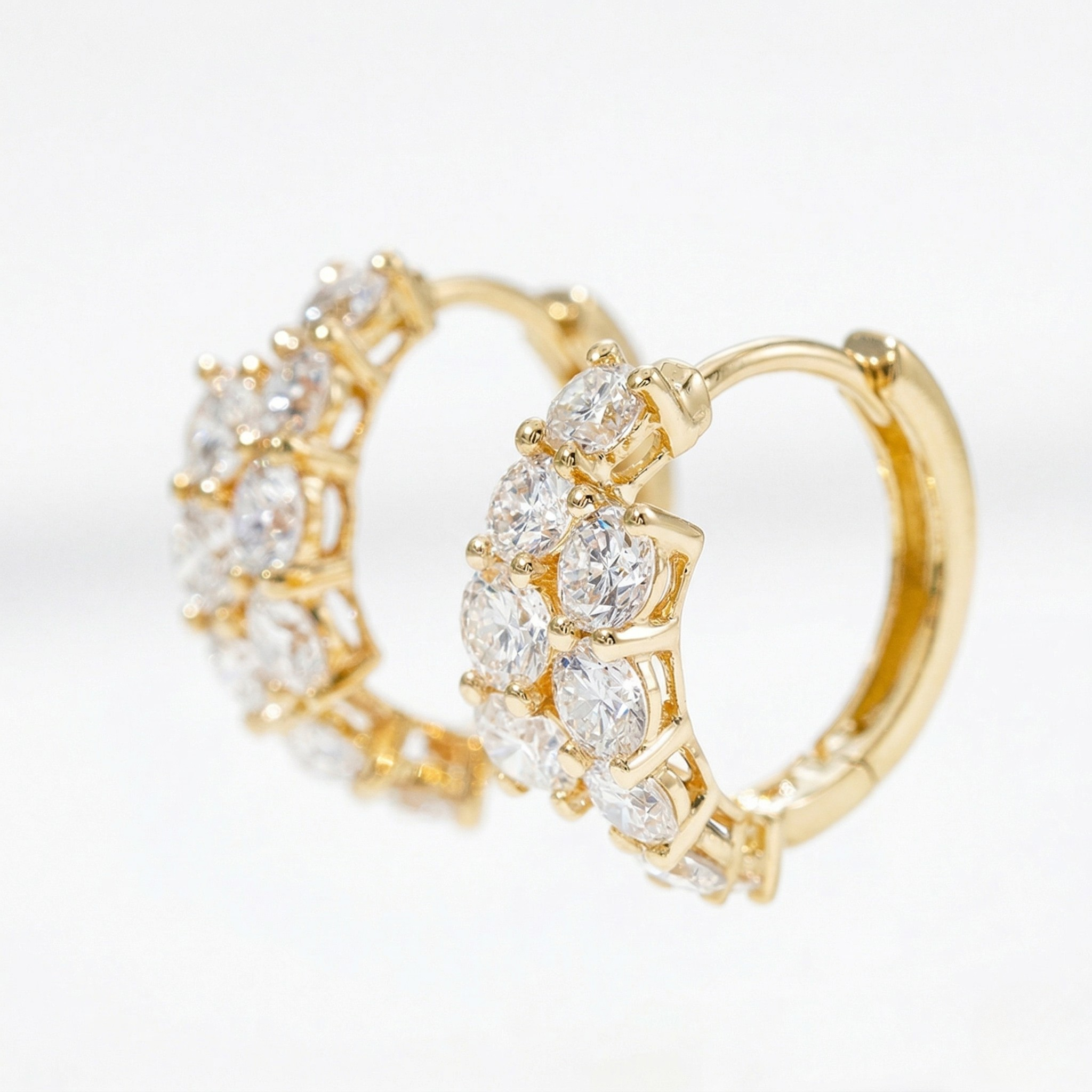 Gold Double Row Round Diamond Cluster Huggie Hoop Earrings Close-Up with Hinged Clasp on White Background - Double_Row_Diamond_Cluster_Huggie_Earrings_Gold - J. Collins Jewelry 