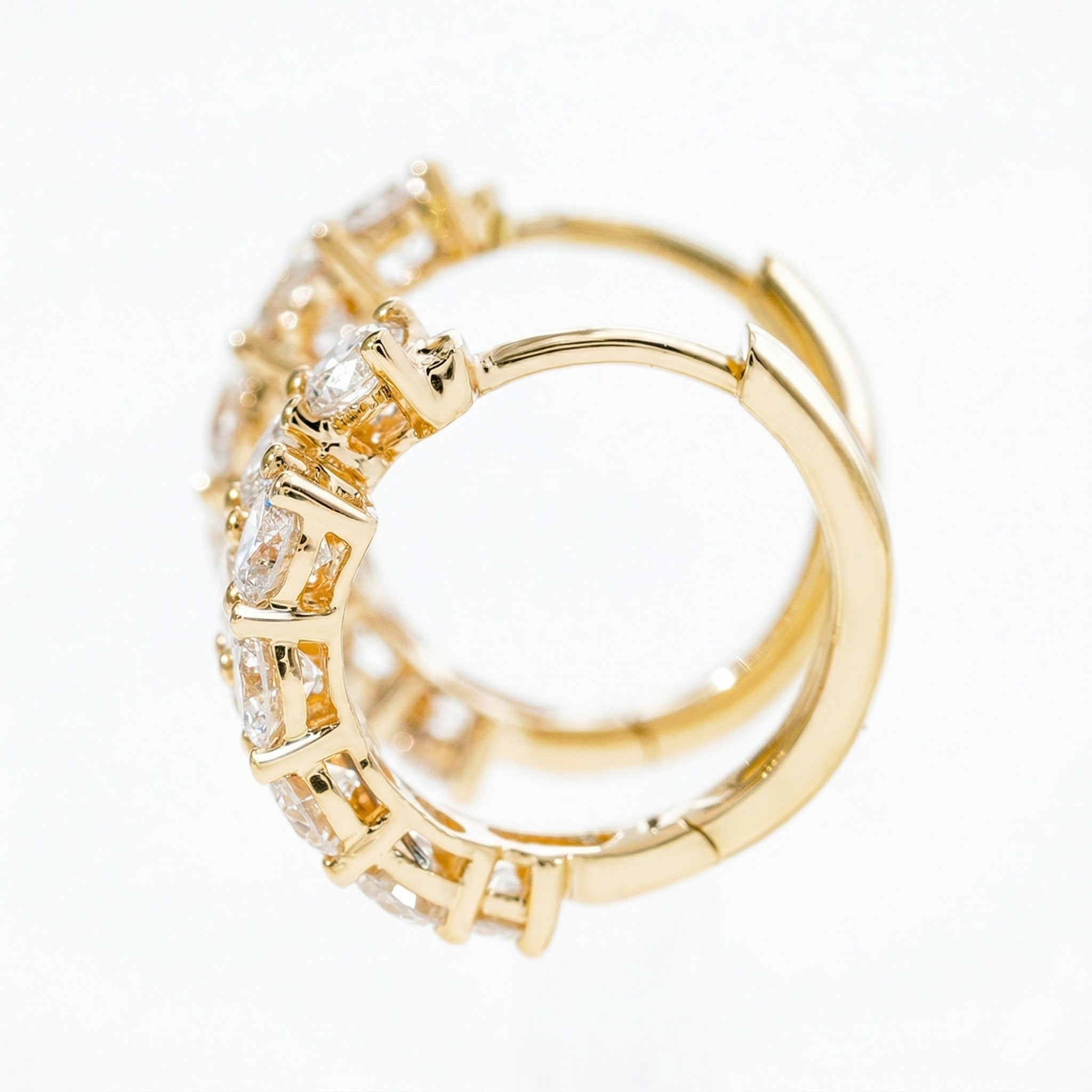Gold Double Row Diamond Cluster Huggie Hoop Earrings Side Profile View Showing Hinged Closure on White Background - Double_Row_Diamond_Cluster_Huggie_Earrings_Gold - J. Collins Jewelry 