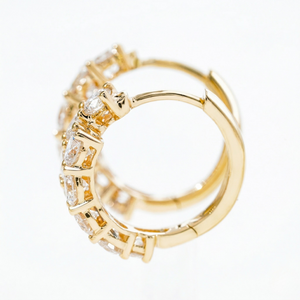 Gold Double Row Diamond Cluster Huggie Hoop Earrings Side Profile View Showing Hinged Closure on White Background - Double_Row_Diamond_Cluster_Huggie_Earrings_Gold - J. Collins Jewelry 