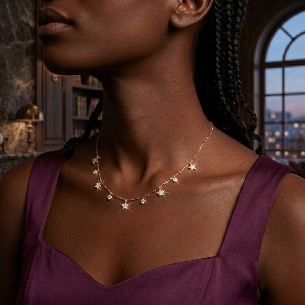 A close-up lifestyle shot of a model wearing a delicate gold necklace with small star-shaped charms and tiny clear stones, styled with a purple top in an elegant indoor setting.
