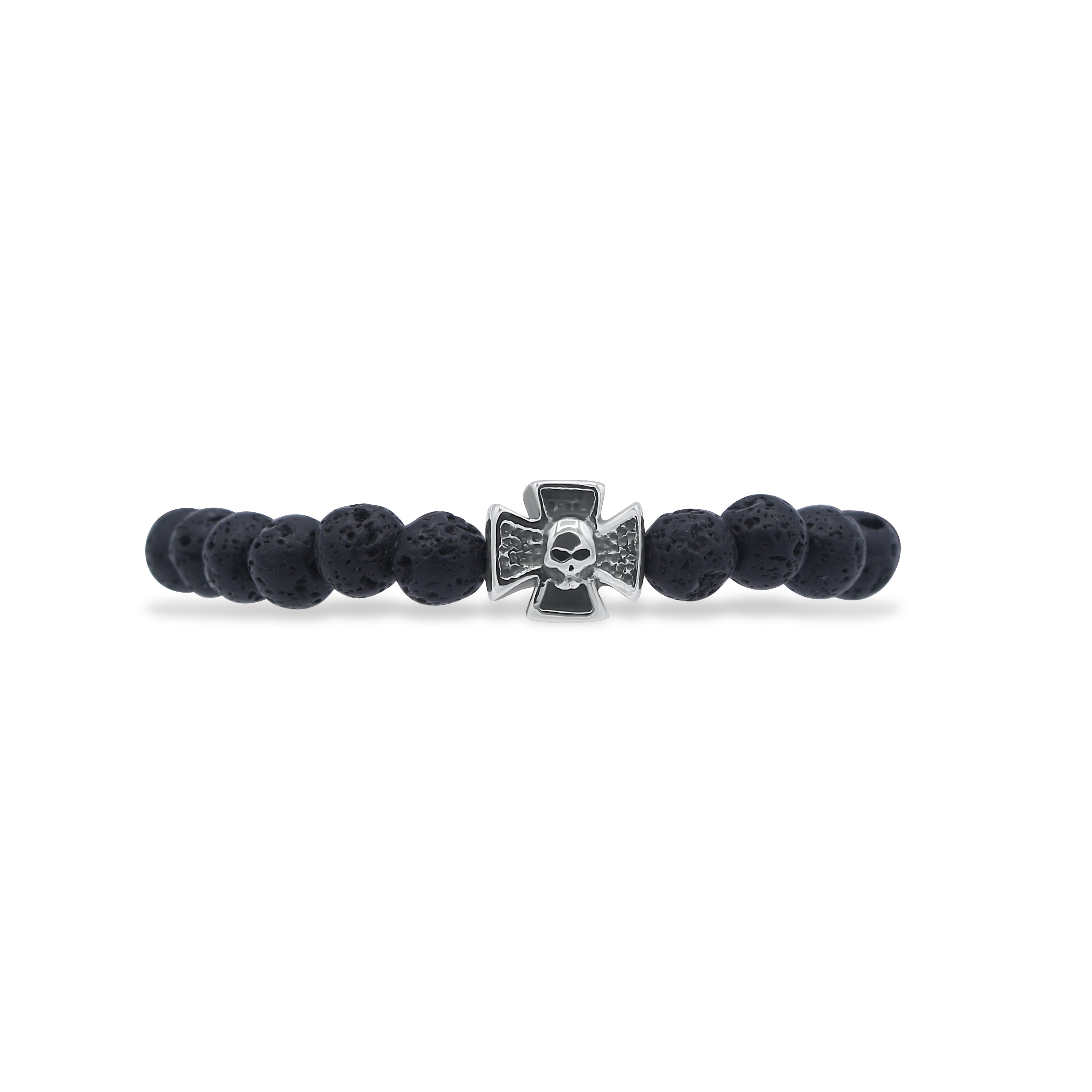 Black beaded bracelet with a silver cross and skull design on a white background-J.Collins Jewelry