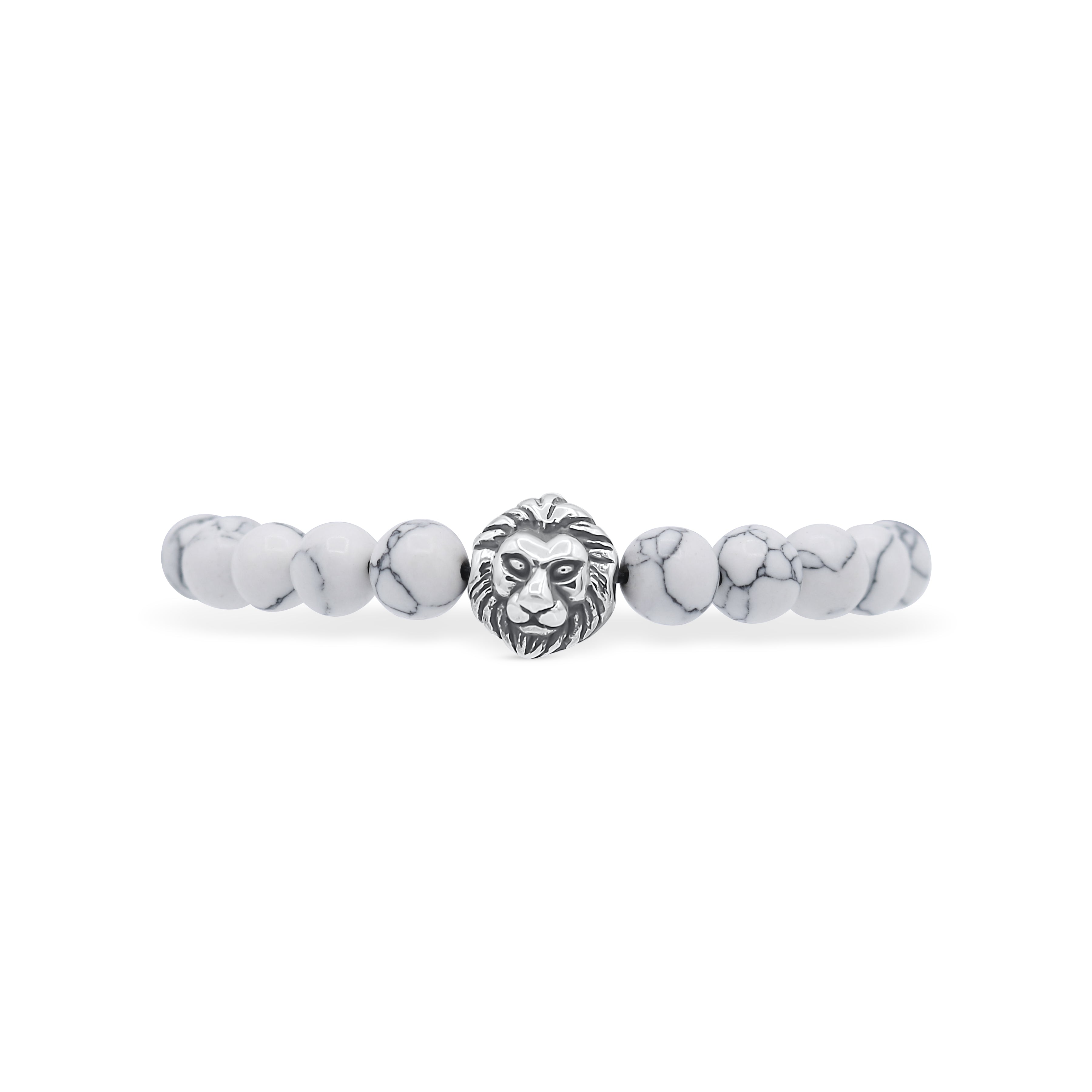 Bracelet with white beads and a lion head charm on a white background-J.Collins Jewery