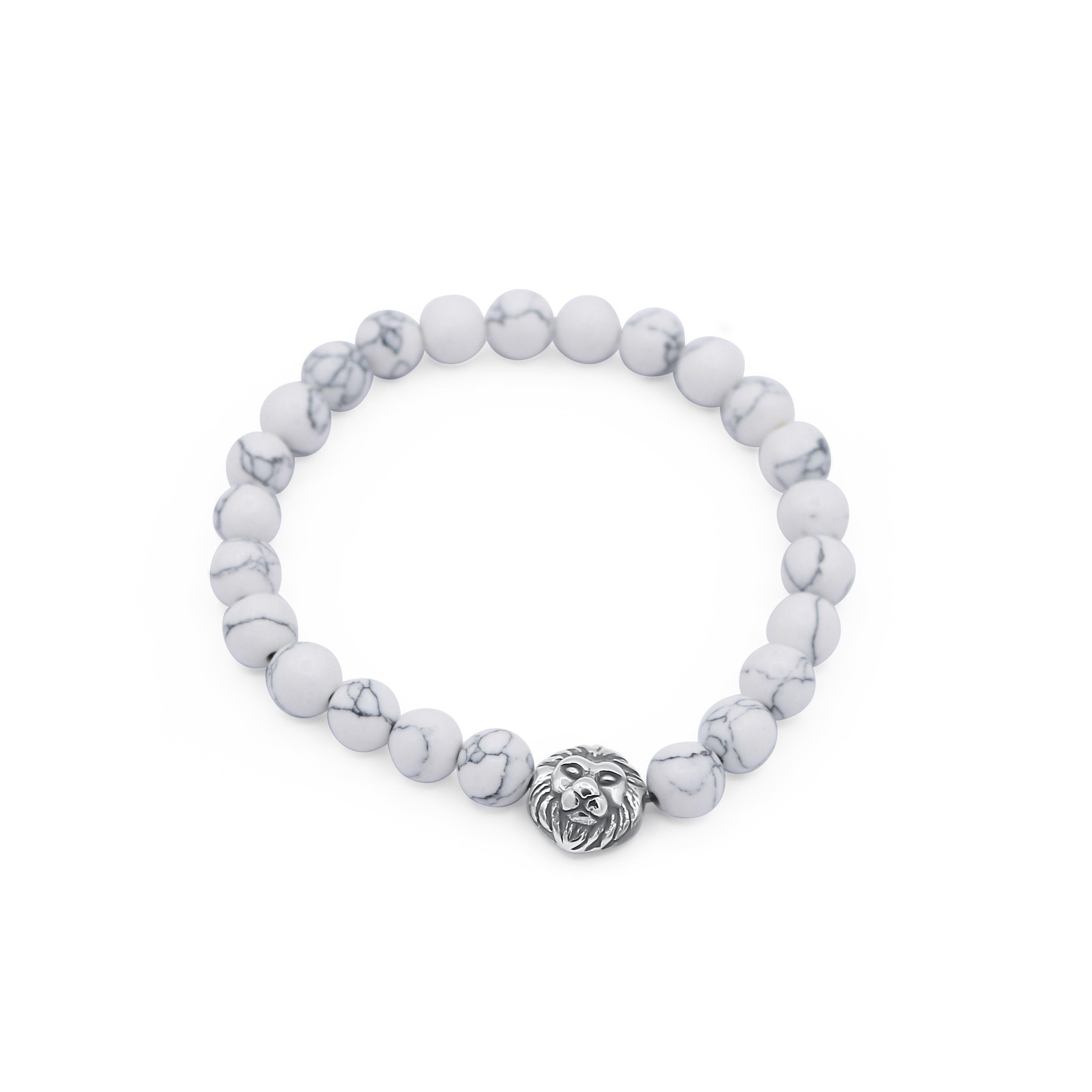 White marble beaded bracelet with a silver lion head charm on a white background-J.Collins Jewelry