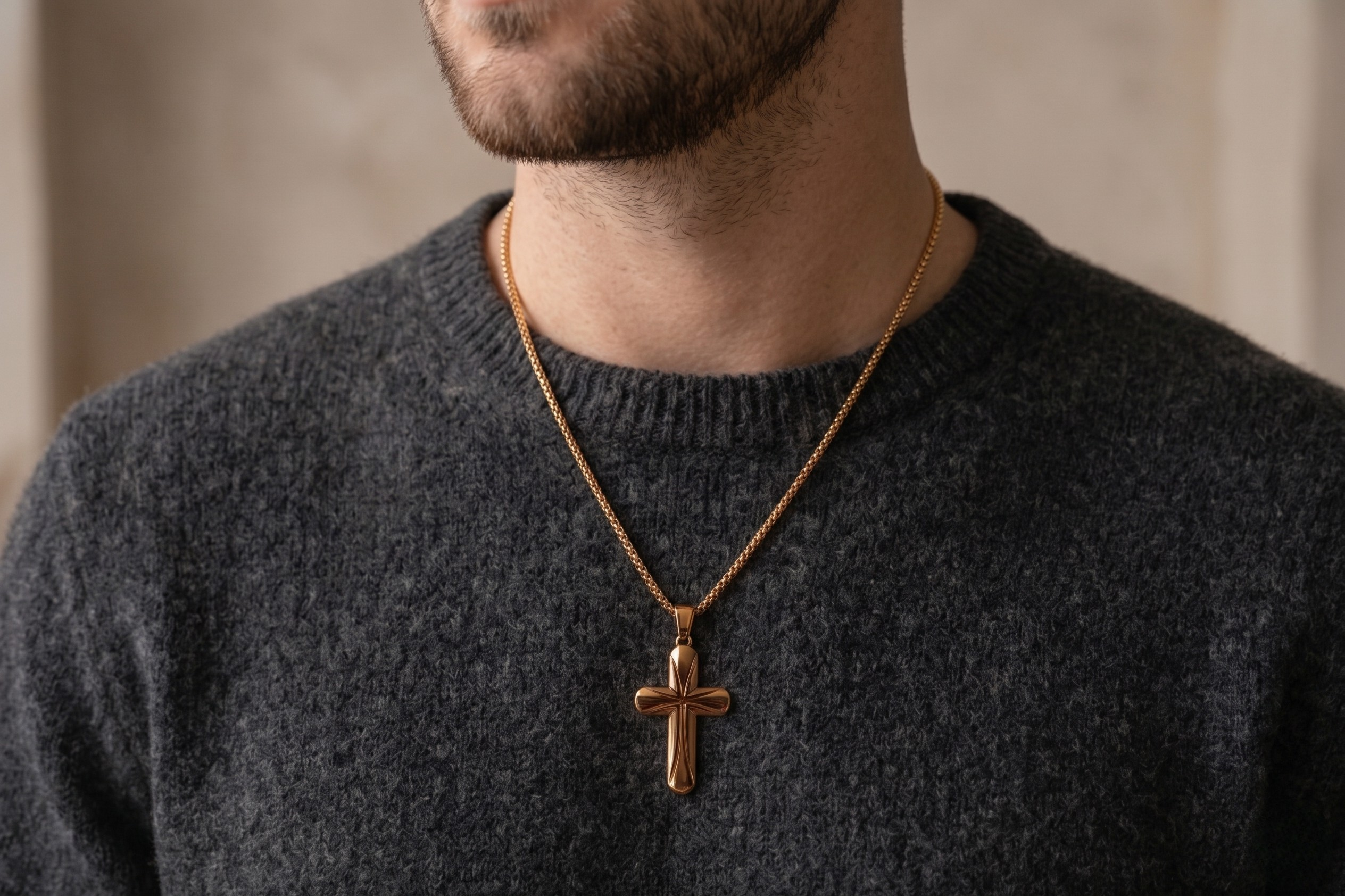 Man wearing a dark gray sweater with a gold cross necklace-J.Collins Jewelry
