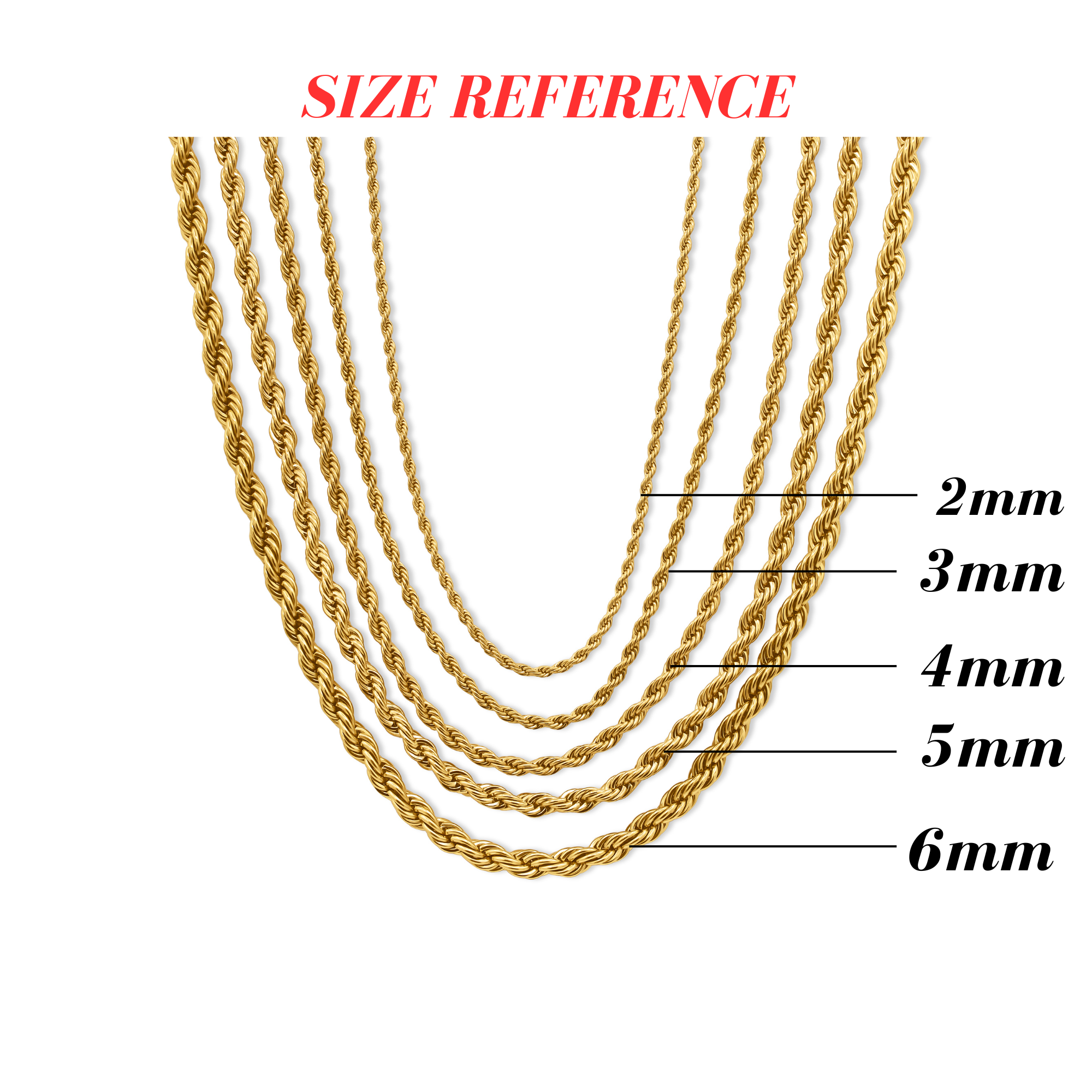 Gold rope chains of different thicknesses on a white background-Essential-Rope-Chain-JCollins-Jewelry