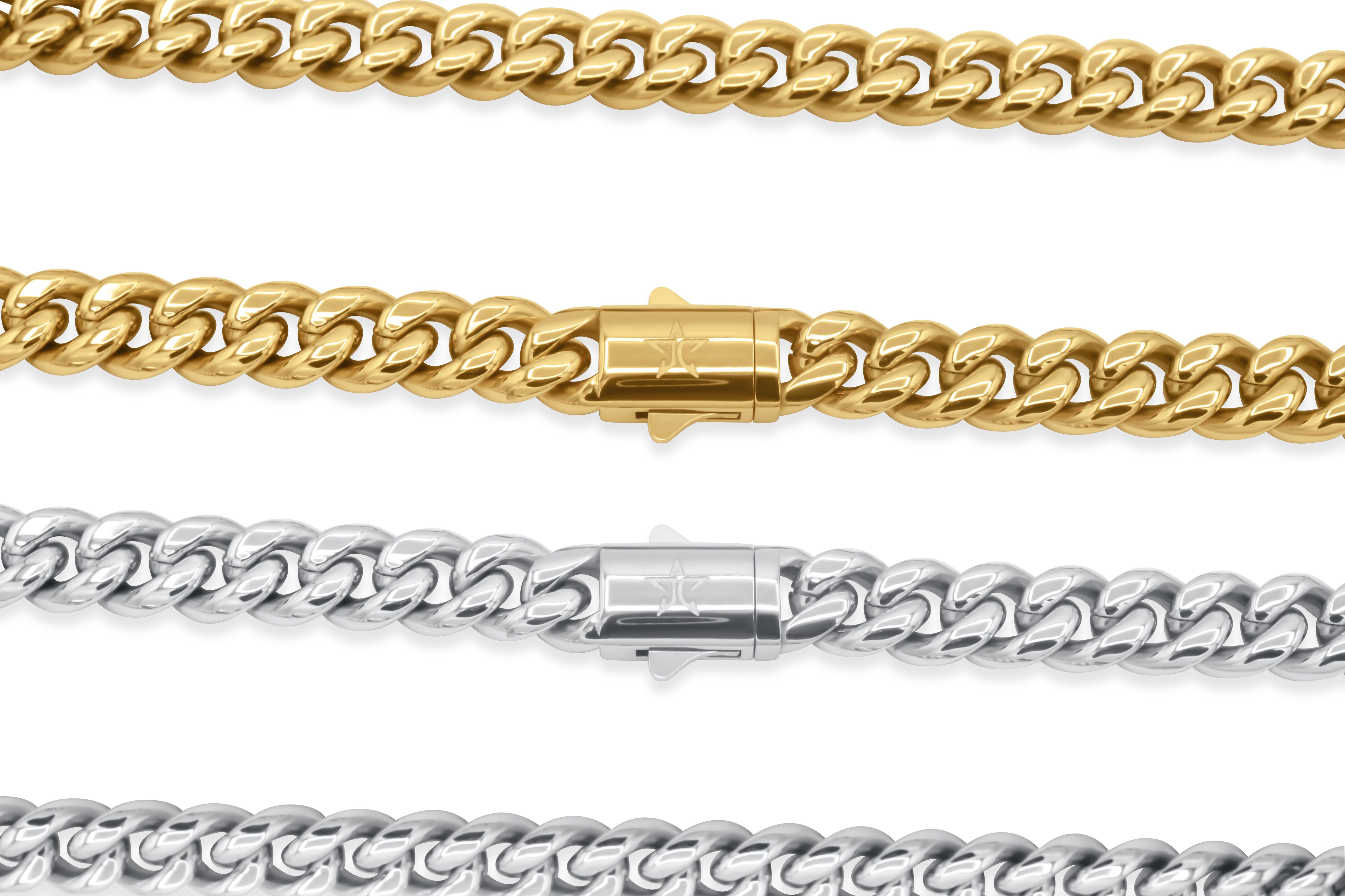 Two gold and silver chain necklaces on a white background