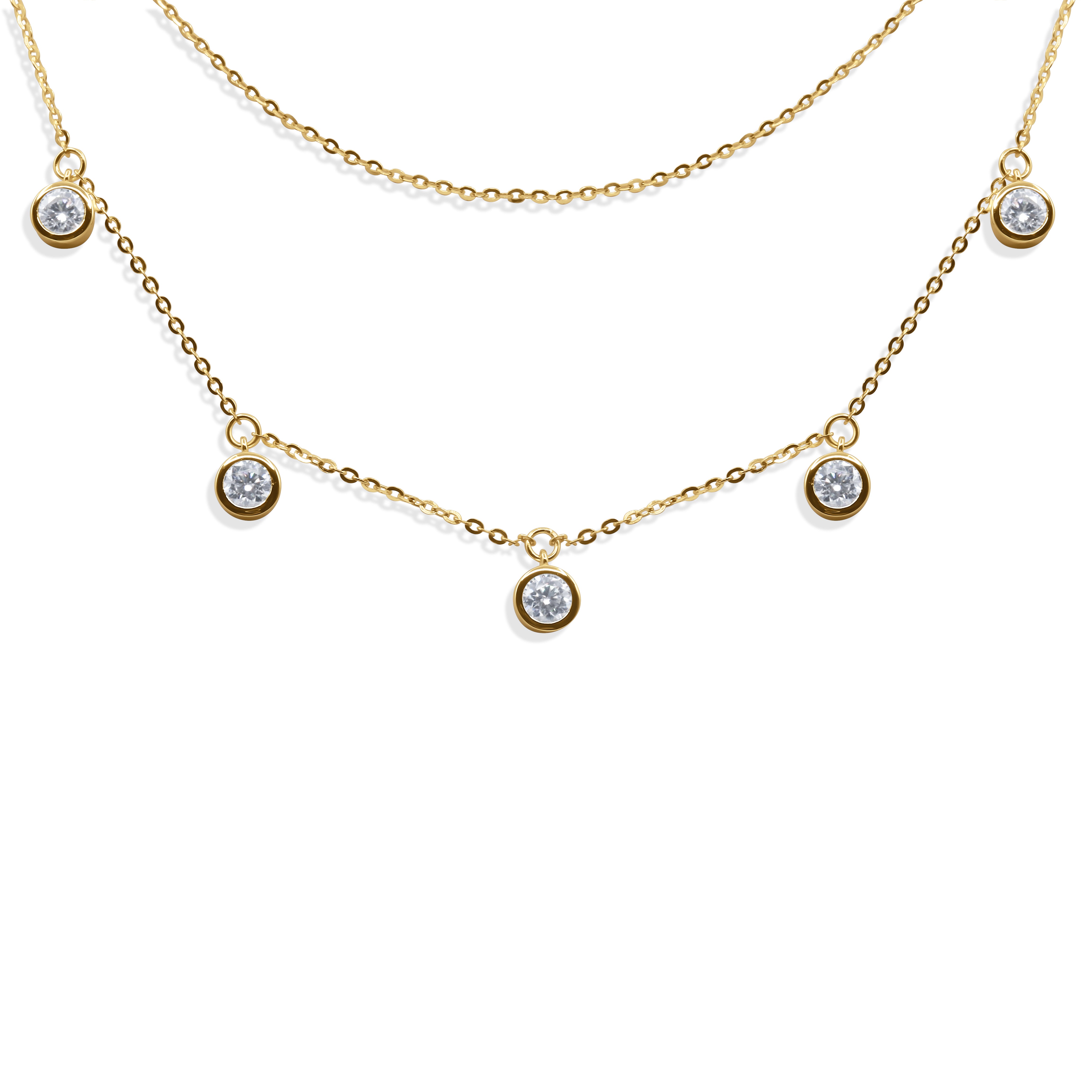 Floating Charm Necklace with small round gemstones on a white background