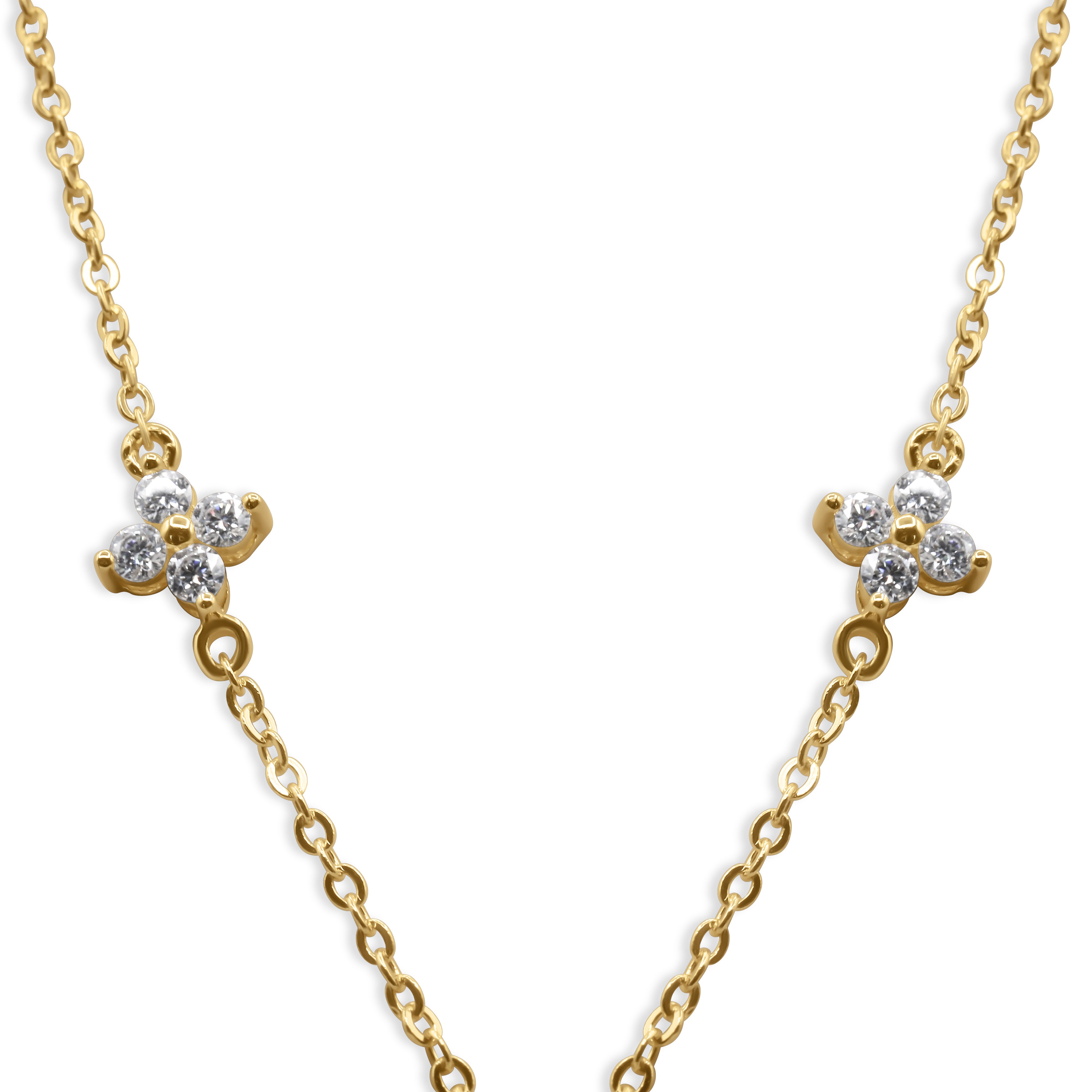 Gold necklace with clover-shaped diamond pendants on a white background- J.Collins Jewelry