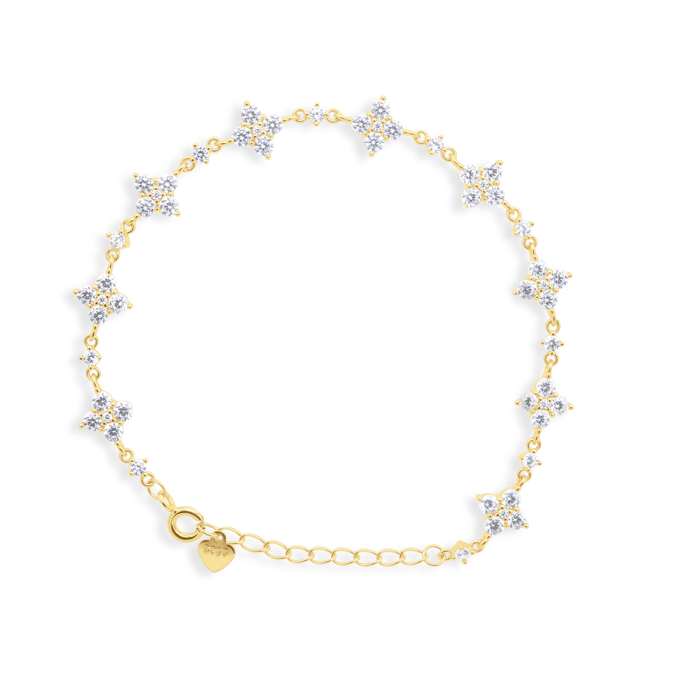 Gold Crystal Star Cluster Chain Bracelet with Heart Charm Clasp on White Background - Flower Cluster Station Bracelet- J. Collins Jewelry 