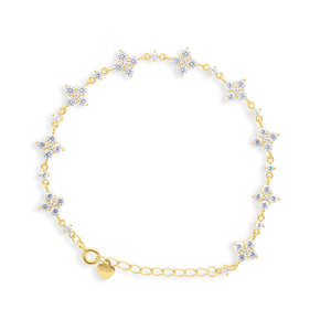 Gold Crystal Star Cluster Chain Bracelet with Heart Charm Clasp on White Background - Flower Cluster Station Bracelet- J. Collins Jewelry 
